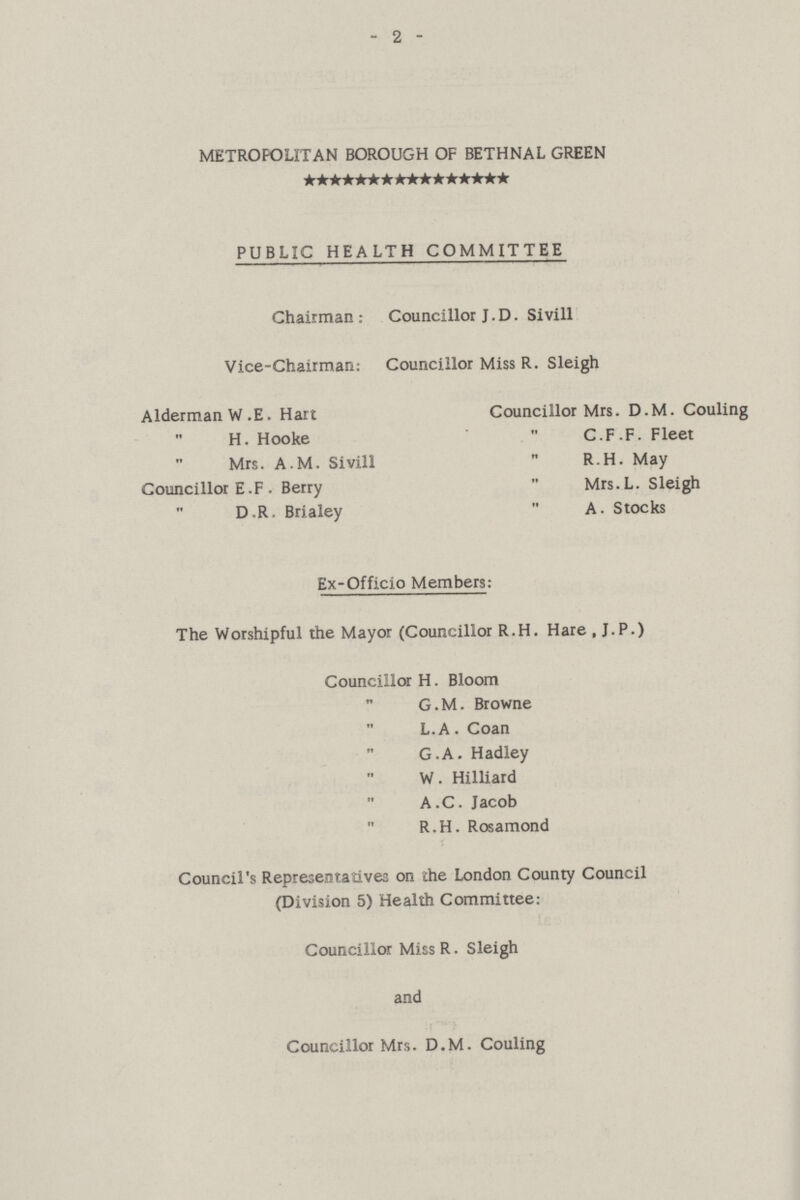 - 2 - METROPOLITAN BOROUGH OF BETHNAL GREEN PUBLIC HEALTH COMMITTEE Chairman : Councillor J. D. Sivill Vice-chairman: Councillor Miss R. Sleigh Alderman W.E. Hart Councillor Mrs. D.M. Couling ,, H. Hooke ,, C.F.F. Fleet ,, Mrs. A.M. Sivill ,, R.H. May Councillor E.F. Berry ,, Mrs.L. Sleigh ,, D.R. Brialey ,, A. Stocks Ex-Officio Members: The Worshipful the Mayor (Councillor R.H. Hare , J.P.) Councillor H. Bloom ,, G. M. Browne ,, L.A. Coan ,, G.A. Hadley ,, W. Hilliard ,, A.C. Jacob ,, R.H. Rosamond Council's Representatives on the London County Council (Division 5) Health Committee: Councillor Miss R. Sleigh and Councillor Mrs. D.M. Couling