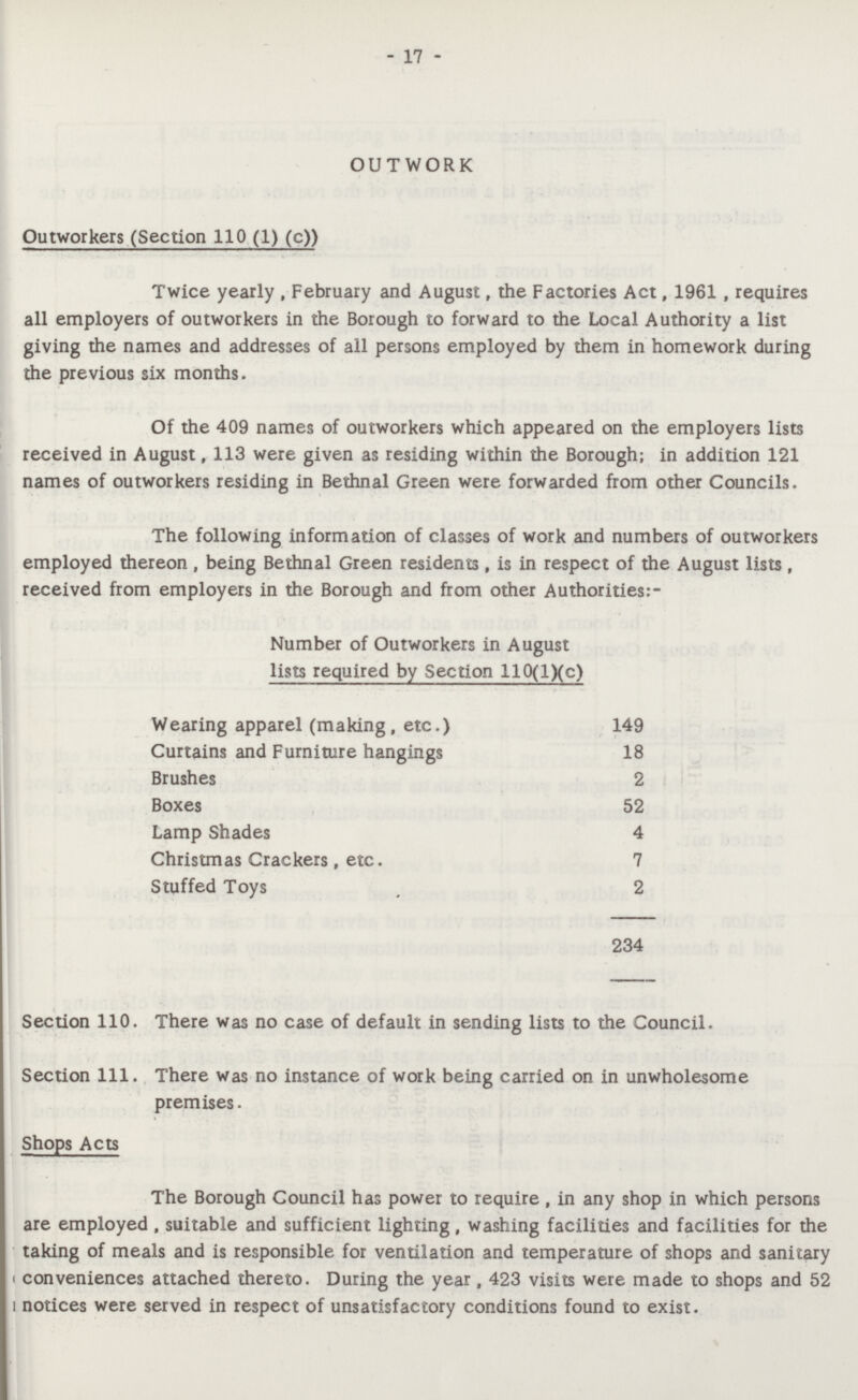 - 17 - OUTWORK Outworkers (Section 110 (1) (c)) Twice yearly , February and August, the Factories Act, 1961 , requires all employers of outworkers in the Borough to forward to the Local Authority a list giving the names and addresses of all persons employed by them in homework during the previous six months. Of the 409 names of outworkers which appeared on the employers lists received in August, 113 were given as residing within the Borough; in addition 121 names of outworkers residing in Bethnal Green were forwarded from other Councils. The following information of classes of work and numbers of outworkers employed thereon , being Bethnal Green residents , is in respect of the August lists , received from employers in the Borough and from other Authorities:- Number of Outworkers in August lists required by Section 110(l)(c) Wearing apparel (making, etc.) 149 Curtains and Furniture hangings 18 Brushes 2 Boxes 52 Lamp Shades 4 Christmas Crackers, etc. 7 Stuffed Toys 2 234 Section 110. There was no case of default in sending lists to the Council. Section 111. There was no instance of work being carried on in unwholesome premises. Shops Acts The Borough Council has power to require, in any shop in which persons are employed , suitable and sufficient lighting, washing facilities and facilities for the taking of meals and is responsible for ventilation and temperature of shops and sanitary conveniences attached thereto. During the year, 423 visits were made to shops and 52 notices were served in respect of unsatisfactory conditions found to exist.