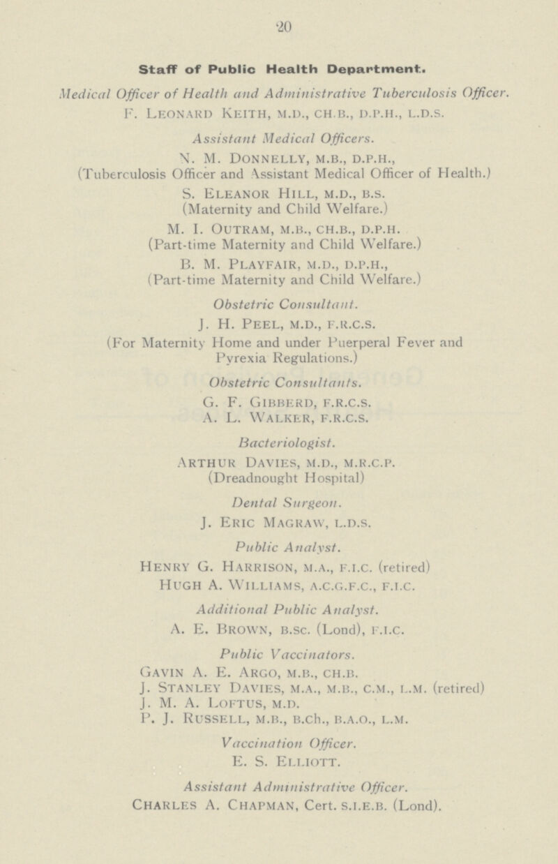 '20 Staff of Public Health Department.. Medical Officer of Health and Administrative Tuberculosis Officer. f. Leonard Keith, m.d., ch.b., d.p.h., l.d.s. Assistant Medical Officers. n. M. Donnelly, m.b., d.p.h., (Tuberculosis Officer and Assistant Medical Officer of Health.) S. Eleanor Hill, m.d., b.s. (Maternity and Child Welfare.) m. i. outram, m.b., ch.b., d.p.h. (Part-time Maternity and Child Welfare.) B. M. Playfair, m.d., d.p.h., (Part-time Maternity and Child Welfare.) Obstetric Consultant. J. H. Peel, m.d., f.r.c.s. (For Maternity Home and under Puerperal Fever and Pyrexia Regulations.) Obstetric Consultants. G. F. Gibberd, f.r.c.s. A. L. Walker, f.r.c.s. Bacteriologist. Arthur Davies, m.d., m.r.c.p. (Dreadnought Hospital) Dental Surgeon. J. Eric Magraw, l.d.s. Public Analyst. Henry G. Harrison, m.a., f.i.c. (retired) Hugh A. Williams, a.c.g.f.c., f.i.c. Additional Public Analyst. A. E. Brown, b.sc. (Lond), f.i.c. Public Vaccinators. Gavin A. E. Argo, m.b., ch.b. J. Stanley Davies, m.a., m.b., c.m., l.m. (retired) J. M. A. Loftus, m.d. P. j. Russell, m.b., b.ch., b.a.o., l.m. Vaccination Officer. E. S. Elliott. Assistant Administrative Officer. Charles A. Chapman, Cert, s.i.e.b. (Lond).