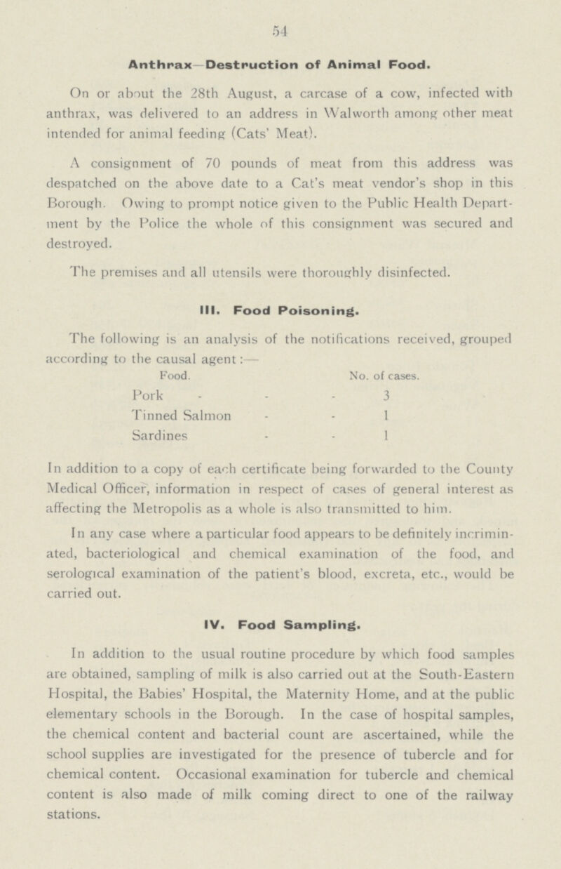 54 Anthrax—Destruction of Animal Food. On or about the 28th August, a carcase of a cow, infected with anthrax, was delivered to an address in Walworth among other meat intended for animal feeding (Cats' Meat). A consignment of 70 pounds of meat from this address was despatched on the above date to a Cat's meat vendor's shop in this Borough. Owing to prompt notice given to the Public Health Depart ment by the Police the whole of this consignment was secured and destroyed. The premises and all utensils were thoroughly disinfected. III. Food Poisoning. The following is an analysis of the notifications received, grouped according to the causal agent:— Food. No. of cases. Pork 3 Tinned Salmon I Sardines 1 In addition to a copy of each certificate being forwarded to the County Medical Officer, information in respect of cases of general interest as affecting the Metropolis as a whole is also transmitted to him. In any case where a particular food appears to be definitely incrimin ated, bacteriological and chemical examination of the food, and serological examination of the patient's blood, excreta, etc., would be carried out. IV. Food Sampling. In addition to the usual routine procedure by which food samples are obtained, sampling of milk is also carried out at the South-Eastern Hospital, the Babies' Hospital, the Maternity Home, and at the public elementary schools in the Borough. In the case of hospital samples, the chemical content and bacterial count are ascertained, while the school supplies are investigated for the presence of tubercle and for chemical content. Occasional examination for tubercle and chemical content is also made of milk coming direct to one of the railway stations.