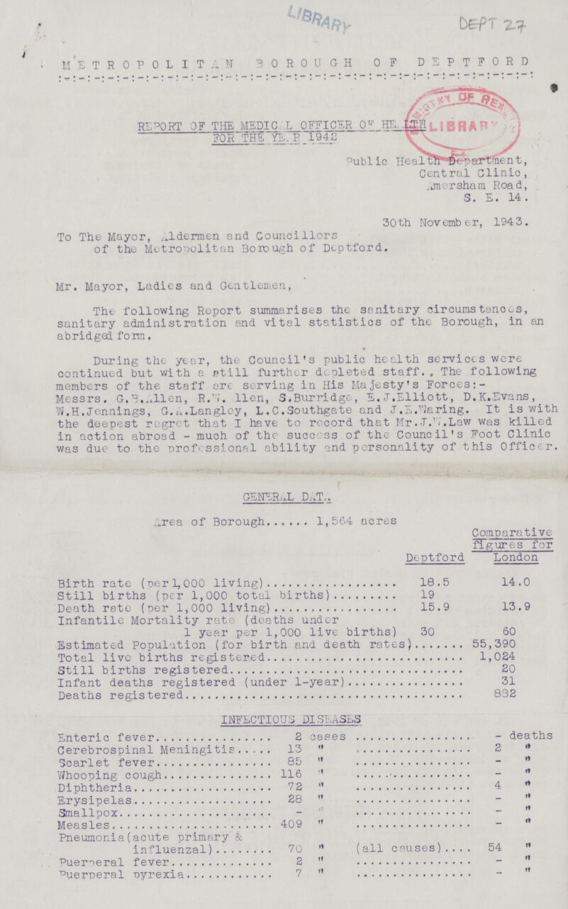 DEPT 27 METROPOLITAN BOROUGH OF DEPTFORD REPORT OF THE MEDICAL OFFICER 0F HEALTH FOR THE YEAR 1942 Public Health Department, Central Clinic, Amersham Road, S. E. 14. 30th November, 1943. To The Mayor, aldermen and Councillors of the Metropolitan Borough of Deptford. Mr. Mayor, Ladies and Gentlemen, The following Report summarises the sanitary circumstances, sanitary administration and vital statistics of the Borough, in an abridged form. During the year, the Council's public health services were continued but with a still furthedepleted staff. The following members of the staff are serving in His Majesty's Forces: Messrs. G.B.Allen, R.W.llen, S.Burridge., E.J.Elliott, D.K.Evans, W.H.Jennings, G.A.Langley, L.C.Southgate and J.Ewaring. It is with the deepest regret that I have to record that Mr.J.W.Law was killed in action abroad - much of the success of the Council's Foot Clinic was due to the professional ability and personality of this Officer. GENERAL DATE Area of Borough 1,564 acres Deptford Comparative figures for London Birth rate (per 1,000 living) 18.5 14 .0 Still births (per 1,000 total births) 19 13.9 Death rate (per 1,000 living) 15.9 Infantile Mortality rate (deaths under 1 year per 1,000 live births) 30 60 Estimated Population (for birth and death rates) 55,390 Total live births registered 1,024 Still births registered 20 Infant deaths registered (under 1-year) 31 Deaths registered 832 INFECTIOUS DISEASES Enteric fever 2 cases - deaths Cerebrospinal Meningitis 13  2  Scarlet fever 85  -  Whooning cough 116  -  Diphtheria 72  4  Erysicelas 28  -  Smallpox -  -  Measles 409  -  Pneumonia(acute primary & influenzal) 70  (all causes) 54  Puerperal fever 2   Puerperal Dyrexia 7  