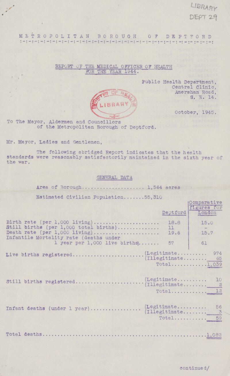 LIBRARY DEPT 29 METROPOLITAN BOROUGH OFDEPTFORD REPORT OF THE MEDICAL OFFICER OF HEALTH FOR THE YEAR 1944. Public Health Department, Central Clinic, Amersham Road, S. E. 14. Ootober, 1945. To The Mayor, Aldermen and Councillors of the Metropolitan Borough of Deptford. Mr. Mayor, Ladles and Gentlemen, v The following abridged Report indicates that the health standards were reasonably satisfactorily maintained in the sixth year of the war. GENERAL DATA Area of Borough 1,564 acres Estimated Civilian Population 55,310 Deptford Comparative figures for London Birth rate (per 1,000 living) 15.0 - Still births (per 1,000 total births) 11 Death rate (per 1,000 living) 19.6 15.7 Infantile Mortality rate (deaths under 1 year per 1,000 live births) 57 61 Live births registered Legitimate 974 Illegitimate 65 Total 1,039 Still births registered (Legitimate (Illegitimate Total 10 2 12 Infant deaths (under 1 year) (Legitimate (Illegitimate Total 56 3 59 Total deaths continued/
