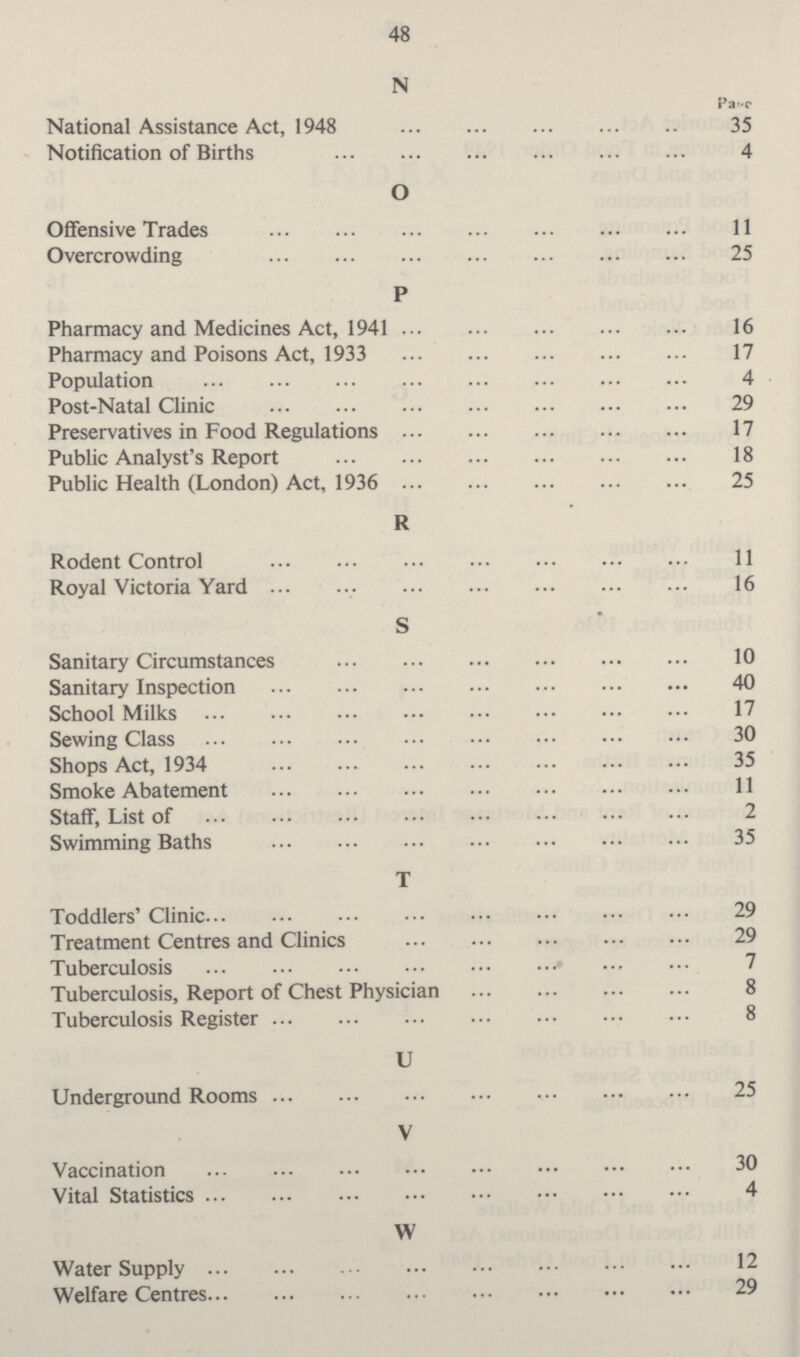 48 N Page National Assistance Act, 1948 35 Notification of Births 4 O Offensive Trades 11 Overcrowding 25 P Pharmacy and Medicines Act, 1941 16 Pharmacy and Poisons Act, 1933 17 Population 4 Post-Natal Clinic 29 Preservatives in Food Regulations 17 Public Analyst's Report 18 Public Health (London) Act, 1936 25 R Rodent Control 11 Royal Victoria Yard 16 S Sanitary Circumstances 10 Sanitary Inspection 40 School Milks 17 Sewing Class 30 Shops Act, 1934 35 Smoke Abatement 11 Staff, List of 2 Swimming Baths 35 T Toddlers' Clinic 29 Treatment Centres and Clinics 29 Tuberculosis 7 Tuberculosis, Report of Chest Physician 8 Tuberculosis Register 8 U Underground Rooms 25 V Vaccination 30 Vital Statistics 4 W Water Supply 12 Welfare Centres 29