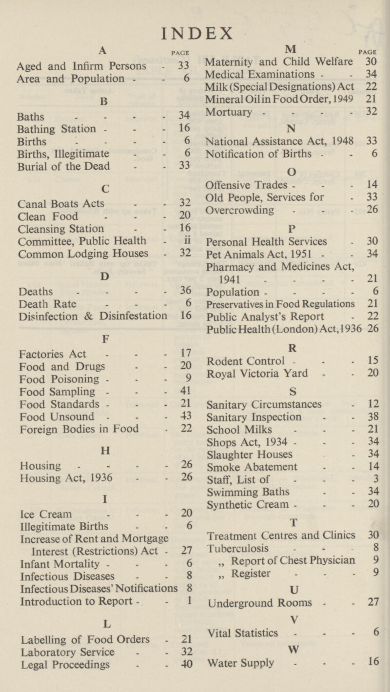 INDEX A PAGE M PAGE Aged and Infirm Persons 33 Maternity and Child Weltare 30 Area and Population 6 Medical Examinations 34 Milk (Special Designations) Act 22 B MineralOilinFoodOrder, 1949 21 Baths 34 Mortuary 32 Bathing Station 16 N Births 6 National Assistance Act, 1948 33 Births, Illegitimate 6 Notification of Births 6 Burial of the Dead 33 C Offensive Trades 14 Canal Boats Acts 32 Old People, Services for 33 Clean Food 20 Overcrowding 26 Cleansing Station 16 P Committee, Public Health ii Personal Health Services 30 Common Lodging Houses 32 Pet Animals Act, 1951 34 Pharmacy and Medicines Act, D 1941 21 Deaths 36 Population 6 Death Rate 6 Preservatives in Food Regulations 21 Disinfection & Disinfestation 16 Public Analyst's Report 22 PublicHealth(London)Act,1936 26 Factories Act 17 R Food and Drugs 20 Rodent Control 15 Food Poisoning 9 Royal Victoria Yard 20 Food Sampling 41 S Food Standards 21 Sanitary Circumstances 12 Food Unsound 43 Sanitary Inspection 38 Foreign Bodies in Food 22 School Milks 21 Shops Act, 1934 34 Slaughter Houses 34 Housing 26 Smoke Abatement 14 Housing Act, 1936 26 staff, List of 3 I Swimming Baths 34 Synthetic Cream 20 Ice Cream 20 Illegitimate Births 6 T Increase of Rent and Mortgage Treatment Centres and Clinics 30 Interest (Restrictions) Act 27 Tuberculosis 8 Infant Mortality 6 „ Report of Chest Physician 9 Infectious Diseases 8 Register 9 Infectious Diseases' Notifications 8 U Introduction to Report 1 Underground Rooms 27 L V Labelling of Food Orders 21 Vital Statistics 6 Laboratory Service 32 W Legal Proceedings 40 Water Supply 16