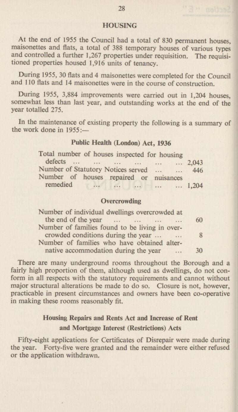 28 HOUSING At the end of 1955 the Council had a total of 830 permanent houses, maisonettes and flats, a total of 388 temporary houses of various types and controlled a further 1,267 properties under requisition. The requisitioned properties housed 1,916 units of tenancy. During 1955, 30 flats and 4 maisonettes were completed for the Council and 110 flats and 14 maisonettes were in the course of construction. During 1955, 3,884 improvements were carried out in 1,204 houses, somewhat less than last year, and outstanding works at the end of the year totalled 275. In the maintenance of existing property the following is a summary of the work done in 1955: — Public Health (London) Act, 1936 Total number of houses inspected for housing defects 2,043 Number of Statutory Notices served 446 Number of houses repaired or nuisances remedied 1,204 Overcrowding Number of individual dwellings overcrowded at the end of the year 60 Number of families found to be living in over crowded conditions during the year 8 Number of families who have obtained alternative accommodation during the year 30 There are many underground rooms throughout the Borough and a fairly high proportion of them, although used as dwellings, do not conform in all respects with the statutory requirements and cannot without major structural alterations be made to do so. Closure is not, however, practicable in present circumstances and owners have been co-operative in making these rooms reasonably fit. Housing Repairs and Rents Act and Increase of Rent and Mortgage Interest (Restrictions) Acts Fifty-eight applications for Certificates of Disrepair were made during the year. Forty-five were granted and the remainder were either refused or the application withdrawn.