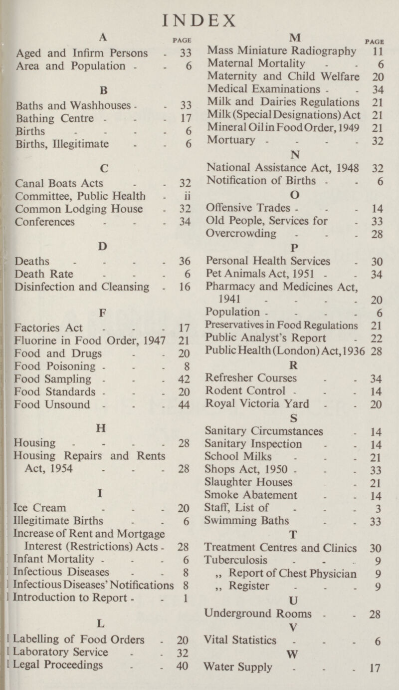 INDEX A PAGE Aged and Infirm Persons 33 Area and Population 6 B Baths and Washhouses 33 Bathing Centre 17 Births 6 Births, Illegitimate 6 C Canal Boats Acts 32 Committee, Public Health 11 Common Lodging House 32 Conferences 34 D Deaths 36 Death Rate 6 Disinfection and Cleansing 16 F Factories Act 17 Fluorine in Food Order, 1947 21 Food and Drugs 20 Food Poisoning 8 Food Sampling 42 Food Standards 20 Food Unsound 44 H Housing 28 Housing Repairs and Rents Act, 1954 28 I Ice Cream 20 Illegitimate Births 6 Increase of Rent and Mortgage Interest (Restrictions) Acts 28 Infant Mortality 6 Infectious Diseases 8 Infectious Diseases' Notifications 8 Introduction to Report 1 L Labelling of Food Orders 20 Laboratory Service 32 Legal Proceedings 40 M PAGE Mass Miniature Radiography 11 Maternal Mortality 6 Maternity and Child Welfare 20 Medical Examinations 34 Milk and Dairies Regulations 21 Milk (Special Designations) Act 21 Mineral Oil in Food Order, 1949 21 Mortuary 32 N National Assistance Act, 1948 32 Notification of Births 6 O Offensive Trades 14 Old People, Services for 33 Overcrowding 28 P Personal Health Services 30 Pet Animals Act, 1951 34 Pharmacy and Medicines Act, 1941 20 Population 6 Preservatives in Food Regulations 21 Public Analyst's Report 22 Public Health (London) Act, 1936 28 R Refresher Courses 34 Rodent Control 14 Royal Victoria Yard 20 S Sanitary Circumstances 14 Sanitary Inspection 14 School Milks 21 Shops Act, 1950 33 Slaughter Houses 21 Smoke Abatement 14 Staff, List of 3 Swimming Baths 33 T Treatment Centres and Clinics 30 Tuberculosis 9 Report of Chest Physician 9 Register 9 U Underground Rooms 28 V Vital Statistics 6 W Water Supply 17