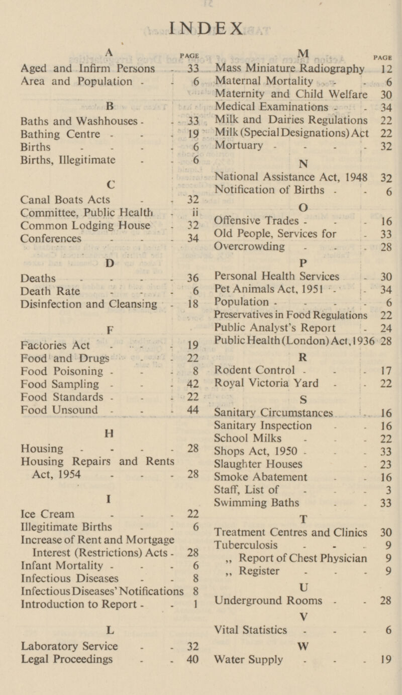 INDEX A PAGE Aged and Infirm Persons 33 Area and Population 6 B Baths and Washhouses 33 Bathing Centre 19 Births 6 Births, Illegitimate 6 C Canal Boats Acts 32 Committee, Public Health ii Common Lodging House 32 Conferences 34 D Deaths 36 Death Rate 6 Disinfection and Cleansing 18 F Factories Act 19 Food and Drugs 22 Food Poisoning 8 Food Sampling 42 Food Standards Food Unsound - .44 H Housing 28 Housing Repairs and Rents Act, 1954 28 I Ice Cream . - - 22 Illegitimate Births - - 6 Increase of Rent and Mortgage Interest (Restrictions) Acts - 28 Infant Mortality 6 Infectious Diseases 8 Infectious Diseases' Notifications 8 Introduction to Report 1 L Laboratory Service 32 Legal Proceedings 40 M PAGE Mass Miniature Radiography 12 Maternal Mortality - 6 Maternity and Child Welfare 30 Medical Examinations - - 34 Milk and Dairies Regulations 22 Milk (Special Designations) Act 22 Mortuary 32 N National Assistance Act, 1948 32 Notification of Births 6 O Offensive Trades 16 Old People, Services for 33 Overcrowding 28 P Personal Health Services 30 Pet Animals Act, 1951 34 Population 6 Preservatives in Food Regulations 22 Public Analyst's Report - 24 Public Health (London) Act, 1936 28 R Rodent Control 17 Royal Victoria Yard 22 S Sanitary Circumstances 16 Sanitary Inspection 16 School Milks 22 Shops Act, 1950 33 Slaughter Houses 23 Smoke Abatement 16 Staff, List of 3 Swimming Baths 33 T Treatment Centres and Clinics 30 Tuberculosis 9 „ Report of Chest Physician 9 „ Register 9 U Underground Rooms 28 V Vital Statistics 6 W Water Supply 19