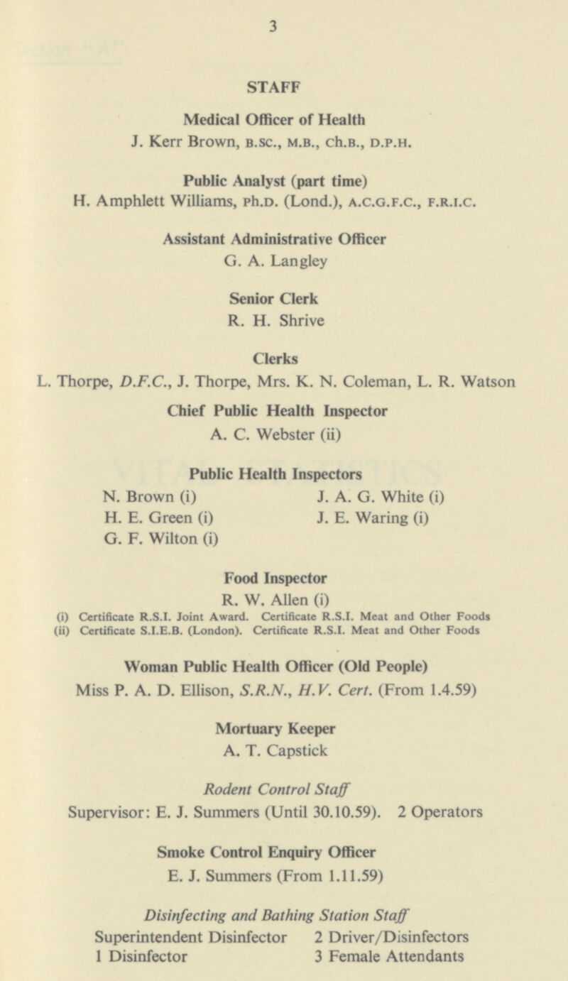 STAFF Medical Officer of Health J. Kerr Brown, B.Sc., M.B., ch.B., D.P.H. Public Analyst (part time) H. Amphlett Williams, Ph.D. (Lond.), A.C.G.F.C., F.R.I.C. Assistant Administrative Officer G. A. Langley Senior Clerk R. H. Shrive Clerks v iv ■ nj L. Thorpe, D.F.C., J. Thorpe, Mrs. K. N. Coleman, L. R. Watson Chief Public Health Inspector A. C. Webster (ii) Public Health Inspectors N. Brown (i) J. A. G. White (i) J. E. Waring (i) H. E. Green (i) G. F. Wilton (i) Food Inspector R. W. Allen (i) (i) Certificate R.S.I. Joint Award. Certificate R.S.I. Meat and Other Foods (ii) Certificate S.I.E.B. (London). Certificate R.S.I. Meat and Other Foods Woman Public Health Officer (Old People) Miss P. A. D. Ellison, S.R.N., H.V. Cert. (From 1.4.59) Mortuary Keeper A. T. Capstick Rodent Control Staff Supervisor: E. J. Summers (Until 30.10.59). 2 Operators Smoke Control Enquiry Officer E. J. Summers (From 1.11.59) Disinfecting and Bathing Station Staff Superintendent Disinfector 2 Driver/Disinfectors 1 Disinfector 3 Female Attendants 3