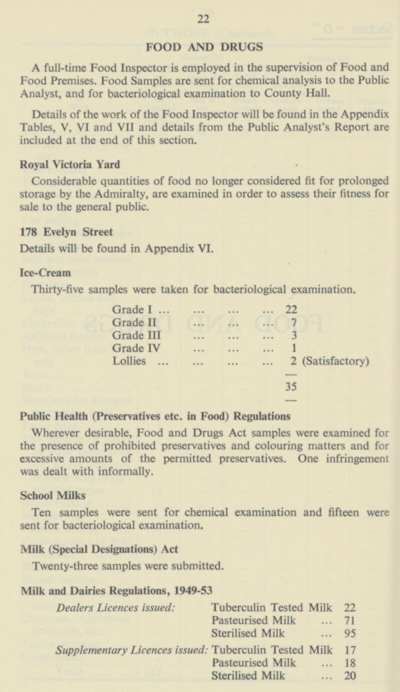 FOOD AND DRUGS A full-time Food Inspector is employed in the supervision of Food and Food Premises. Food Samples are sent for chemical analysis to the Public Analyst, and for bacteriological examination to County Hall. Details of the work of the Food Inspector will be found in the Appendix Tables, V, VI and VII and details from the Public Analyst's Report are included at the end of this section. Royal Victoria Yard Considerable quantities of food no longer considered fit for prolonged storage by the Admiralty, are examined in order to assess their fitness for sale to the general public. 178 Evelyn Street Details will be found in Appendix VI. Ice-Cream Thirty-five samples were taken for bacteriological examination. Grade I 22 Grade II 7 3 Grade III Grade IV 1 Lollies 2 (Satisfactory) 35 Public Health (Preservatives etc. in Food) Regulations Wherever desirable, Food and Drugs Act samples were examined for the presence of prohibited preservatives and colouring matters and for excessive amounts of the permitted preservatives. One infringement was dealt with informally. School Milks Ten samples were sent for chemical examination and fifteen were sent for bacteriological examination. Milk (Special Designations) Act Twenty-three samples were submitted. Milk and Dairies Regulations, 1949-53 Dealers Licences issued: Tuberculin Tested Milk 22 Pasteurised Milk 71 Sterilised Milk 95 Supplementary Licences issued: Tuberculin Tested Milk 17 Pasteurised Milk 18 Sterilised Milk 20 24
