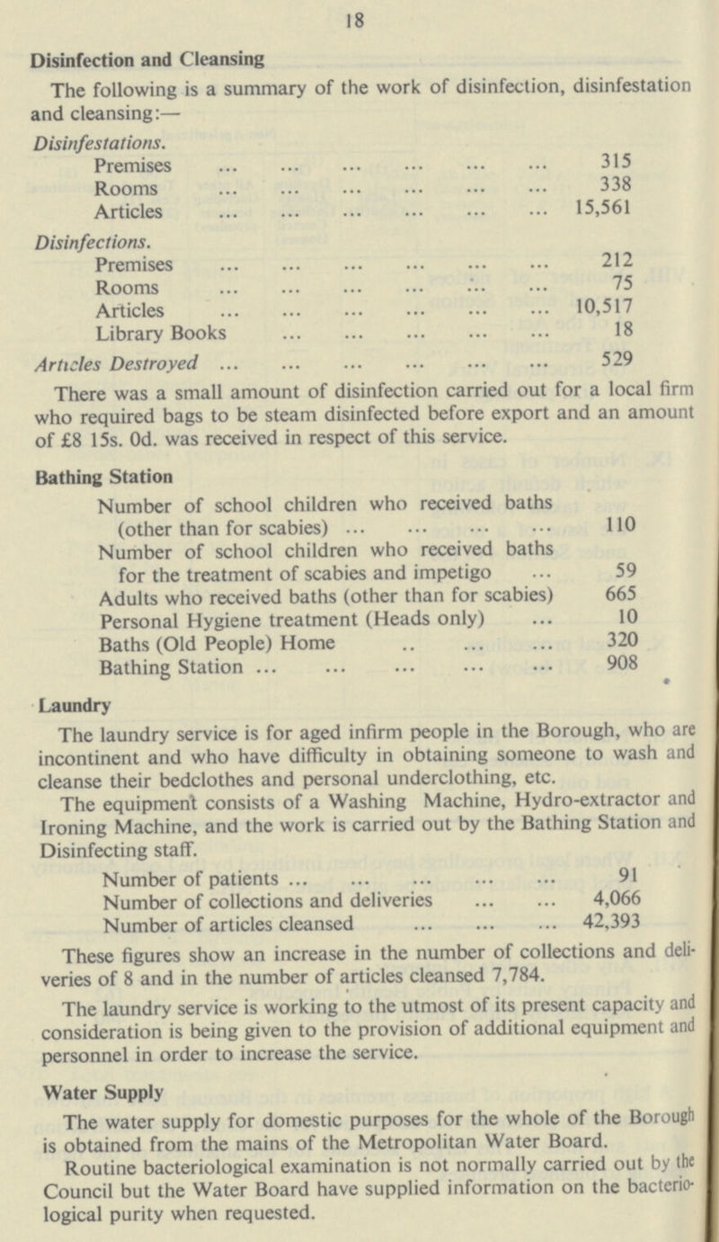 18 Disinfection and Cleansing The following is a summary of the work of disinfection, disinfestation and cleansing:— Disinfestations. Premises 315 Rooms 338 Articles 15,561 Disinfections. Premises 212 Rooms 75 Articles 10,517 Library Books 18 Articles Destroyed 529 There was a small amount of disinfection carried out for a local firm who required bags to be steam disinfected before export and an amount of £8 15s. 0d. was received in respect of this service. Bathing Station Number of school children who received baths (other than for scabies) 110 Number of school children who received baths for the treatment of scabies and impetigo 59 Adults who received baths (other than for scabies) 665 Personal Hygiene treatment (Heads only) 10 Baths (Old People) Home 320 Bathing Station 908 Laundry The laundry service is for aged infirm people in the Borough, who are incontinent and who have difficulty in obtaining someone to wash and cleanse their bedclothes and personal underclothing, etc. The equipment consists of a Washing Machine, Hydro-extractor and Ironing Machine, and the work is carried out by the Bathing Station and Disinfecting staff. Number of patients 91 Number of collections and deliveries 4,066 Number of articles cleansed 42,393 These figures show an increase in the number of collections and deli veries of 8 and in the number of articles cleansed 7,784. The laundry service is working to the utmost of its present capacity and consideration is being given to the provision of additional equipment and personnel in order to increase the service. Water Supply The water supply for domestic purposes for the whole of the Borough is obtained from the mains of the Metropolitan Water Board. Routine bacteriological examination is not normally carried out by the Council but the Water Board have supplied information on the bacterio logical purity when requested.