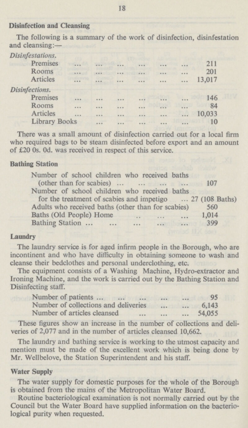 18 Disinfection and Cleansing The following is a summary of the work of disinfection, disinfestation and cleansing:— Disinfestations. Premises 211 Rooms 201 Articles 13,017 Disinfections. Premises 146 Rooms 84 Articles 10,033 Library Books 10 There was a small amount of disinfection carried out for a local firm who required bags to be steam disinfected before export and an amount of £20 0s. 0d. was received in respect of this service. Bathing Station Number of school children who received baths (other than for scabies) 107 Number of school children who received baths for the treatment of scabies and impetigo 27 (108 Baths) Adults who received baths (other than for scabies) 560 Baths (Old People) Home 1,014 Bathing Station 399 Laundry The laundry service is for aged infirm people in the Borough, who are incontinent and who have difficulty in obtaining someone to wash and cleanse their bedclothes and personal underclothing, etc. The equipment consists of a Washing Machine, Hydro-extractor and Ironing Machine, and the work is carried out by the Bathing Station and Disinfecting staff. Number of patients 95 Number of collections and deliveries 6,143 Number of articles cleansed 54,055 These figures show an increase in the number of collections and deli veries of 2,077 and in the number of articles cleansed 10,662. The laundry and bathing service is working to the utmost capacity and mention must be made of the excellent work which is being done by Mr. Wellbelove, the Station Superintendent and his staff. Water Supply The water supply for domestic purposes for the whole of the Borough is obtained from the mains of the Metropolitan Water Board. Routine bacteriological examination is not normally carried out by the Council but the Water Board have supplied information on the bacterio logical purity when requested.