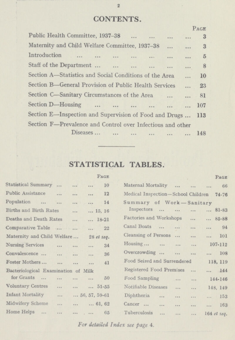 2 CONTENTS. Page Public Health Committee, 1937-38 3 Maternity and Child Welfare Committee, 1937-38 3 Introduction 5 Staff of the Department 8 Section A—Statistics and Social Conditions of the Area 10 Section B—General Provision of Public Health Services 23 Section C—Sanitary Circumstances of the Area 81 Section D—Housing 107 Section E—Inspection and Supervision of Food and Drugs 113 Section F—Prevalence and Control over Infectious and other Diseases 148 STATISTICAL TABLES. Page Page Statistical Summary 10 Maternal Mortality 66 Public Assistance 12 Medical Inspection—School Children 74-76 Population 14 Summary of Work — Sanitary Inspectors 81-83 Births and Birth Hates 15, 16 Deaths and Death Rates 18-21 Factories and Workshops 85-88 Comparative Table 22 Canal Boats 94 Maternity and Child Welfare 28 et seq. Cleansing of Persons 101 Nursing Services 34 Housing 107-112 Convalescence 36 Overcrowding 108 Foster Mothers 41 Food Seized and Surrendered 118, 119 Bacteriological Examination of Milk for Grants 50 Registered Food Premises 144 Food Sampling 144-146 Voluntary Centres 51-55 Notifiable Diseases 148, 149 Infant Mortality 56, 57, 59-61 Diphtheria 153 Midwifery Scheme 61, 62 Cancer 163 Home Helps . ... 65 Tuberculosis 164 et seq. For detailed Index see page 4.