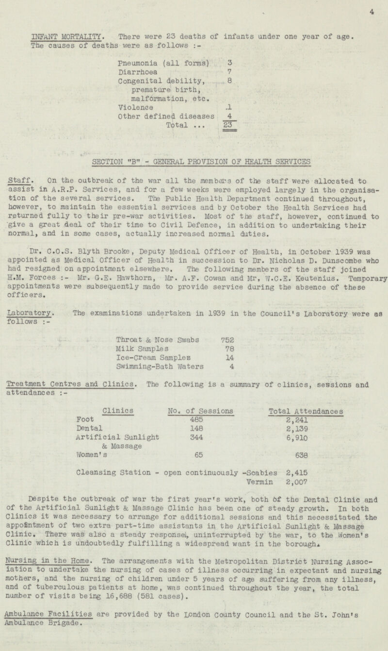 4 INFANT MORTALITY. There were 23 deaths of infants under one year of age. The causes of deaths were as follows:- Pneumonia (all forms) 3 Diarrhoea 7 Congenital debility, premature birth, malformation, etc. 8 Violence 1 Other defined diseases 4 Total 23 SECTION B - GENERAL PROVISION OF HEALTH SERVICES Staff. On the outbreak of the war all the members of the staff were allocated to assist in A.R.P. Services, and for a few weeks were employed largely in the organisation of the several services. The Public Health Department continued throughout, however, to maintain the essential services and by October the Health Services had returned fully to their pre-war activities. Most of the staff, however, continued to give a great deal of their time to Civil Defence, in addition to undertaking their normal, and in some cases, actually increased normal duties. Dr. C.O.S. Blyth Brooke, Deputy Medical Officer of Health, in October 1939 was appointed as Medical Officer of Health in succession to Dr. Nicholas D. Dunscombe who had resigned on appointment elsewhere. The following members of the staff joined H.M. Forces Mr. G.E. Hawthorn, Mr. A.F. Cowan and Mr, W.C.E. Keutenius. Temporary appointments were subsequently made to provide service during the absence of these officers. Laboratory. The examinations undertaken in 1939 in the Council's Laboratory were as follows:- Throat & Nose Swabs 752 Milk Samples 78 Ice-cream Samples 14 Swimming-Bath Waters 4 Treatment Centres and Clinics. The following is a summary of clinics, sessions and attendances:- Clinics No. of Sessions Total Attendances Foot 485 2,241 Dental 148 2,139 Artificial Sunlight & Massage 344 6,910 Women's 65 638 Cleansing Station - open continuously -Scabies Vermin 2,415 2,007 Despite the outbreak of war the first year's work, both of the Dental Clinic and of the Artificial Sunlight & Massage Clinic has been one of steady growth. In both Clinics it was necessary to arrange for additional sessions and this necessitated the appointment of two extra part-time assistants in the Artificial Sunlight & Massage Clinic. There was also a steady responsel, uninterrupted by the war, to the Women's Clinic which is undoubtedly fulfilling a widespread want in the borough. Nursing in the Home. The arrangements with the Metropolitan District Nursing Association to undertake the nursing of cases of illness occurring in expectant and nursing mothers, and the nursing of children under 5 years of age suffering from any illness, and of tuberculous patients at home, was continued throughout the year, the total number of visits being 16,688 (581 cases). Ambulance Facilities are provided by the London County council and the St. John's Ambulance Brigade.