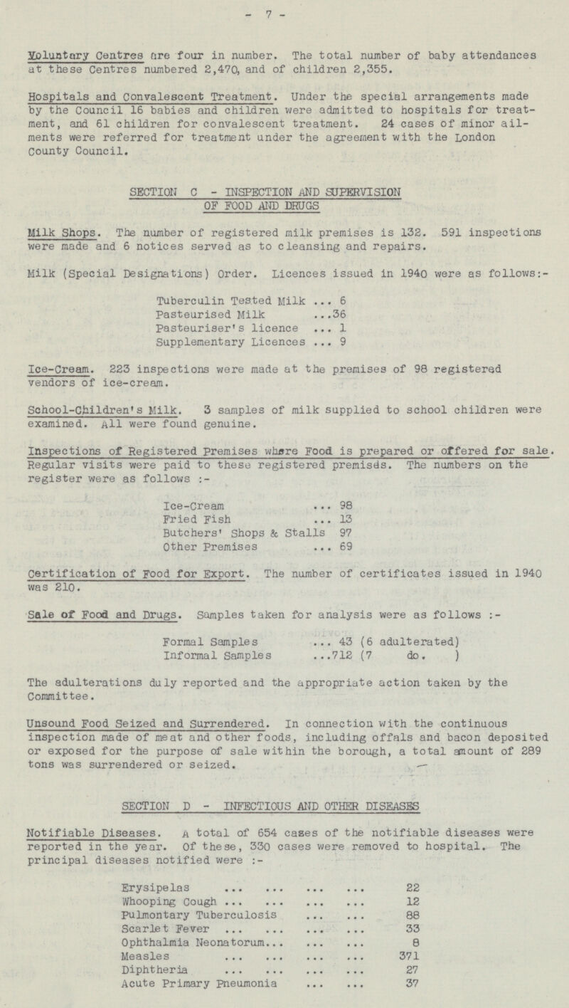 - 7 - Voluntary Centres fire four in number. The total number of baby attendances at these Centres numbered 2,470, and of children 2,355. Hospitals and Convalescent Treatment. Under the special arrangements made by the Council 16 babies and children were admitted to hospitals for treat ment, and 61 children for convalescent treatment. 24 cases of minor ail ments were referred for treatment under the agreement with the London County Council. SECTION C - INSPECTION AND SUPERVISION OF FOOD AND DRUGS Milk Shops. The number of registered milk premises is 132. 591 inspections were made and 6 notices served as to cleansing and repairs. Milk (Special Designations) Order. Licences issued in 1940 were as follows:- Tuberculin Tested Milk 6 Pasteurised Milk 36 Pasteuriser's licence 1 Supplementary Licences 9 Ice-Cream. 223 inspections were made at the premises of 98 registered vendors of ice-cream. School-Children's Milk. 3 samples of milk supplied to school children were examined. All were found genuine. Inspections of Registered premises where Food, is prepared or offered for sale. Regular visits were paid to these registered premises. The numbers on the register were as follows:- Ice-Cream 98 Fried Fish 13 Butchers' Shops & Stalls 97 Other Premises 69 Certification of Food for Export. The number of certificates issued in 1940 was 210. Sale of Food and Drugs. Samples taken for analysis were as follows:- Formal Samples 43 (6 adulterated) Informal Samples 712 (7 do.) The adulterations duly reported and the appropriate action taken by the Committee. Unsound Food Seized and Surrendered. In connection with the continuous inspection made of meat and other foods, including offals and bacon deposited or exposed for the purpose of sale within the borough, a total amount of 289 tons was surrendered or seized. SECTION D - INFECTIOUS AND OTHER DISEASES Notifiable Diseases. a total of 654 cases of the notifiable diseases were reported, in the year. Of these, 330 cases were removed to hospital. The principal diseases notified were :- Erysipelas 22 Whooping Cough 12 pulmontary Tuberculosis 88 Scarlet Fever 33 Ophthalmia Neonatorum 8 Measles 371 Diphtheria 27 Acute Primary pneumonia 37