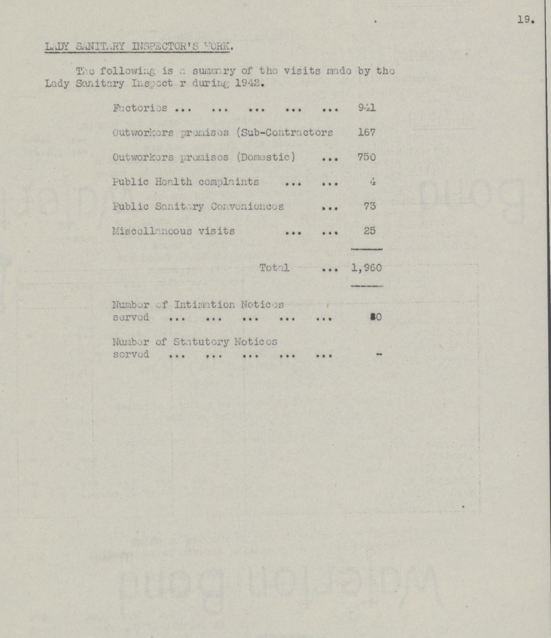 19 LADY SANITARY INSPECTOR'S WORK. The following is a summary of the visits made by the Lady Sanitary Inspecter during 1942. Facteries 941 Outworkers premises (Sub-Contractors 167 Outworkers premises (Domestic) 750 Public Health complaints 4 Public Sanitary Conveniences 73 Miscellaneous visits 25 Total 1,960 Number of Intimation Notices served ••• 80 Number of Statutory Notices served