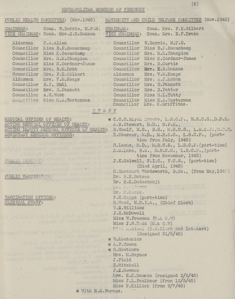 (2) METROPOLITAN BOROUGH OF FINSBURY PUBLIC HEALTH COMMITTEE: (Nov. 1945) MATERNITY AND CHILD WELFARE COMMITTEE (Nov. 1945) CHAIRMAN: Coun. W.Barrie, M.P.S. CHAIRMAN: Coun. Mrs. F.E.Gilbert VICE CHAIRMAN: Coun. Mrs. E.F.Drake VICE CHAIRMAN: Coun. Mrs.E.R.Gannon Alderman C.A.Allen Councillor W.Barrie, M.P.S. Councillor Miss B.P.Beauchamp Councillor Miss B.P.Beauchamp Councillor Miss K.Beauchamp Councillor Mrs. M.M.Champion Councillor Mrs. M.M.Champion Councillor Miss N.Cordner-James Councillor Miss N.Cordner-James Councillor Mrs. R.Curtis Councillor Mrs. B.M.Dobb Councillor Mrs. E.R.Gannon Councillor Mrs. F.E.Gilbert Alderman Mrs. V.M.Heaps Councillor Mrs. A.J.Mahon Alderman Mrs. V.M.Heaps Councillor H.J. Hull Councillor Mrs. O.Pannett Councillor Mrs. O.Pannett Councillor Mrs. E.Potter Councillor A.G.Webb Councillor Miss G.L.Tutty Councillor Miss M.A.Westorman Councillor Miss M.A.Vesterman Councillor Mrs. C.Griffiths. STAFF MEDICAL OFFICER OF HEALTH: Җ C.O.S.Blytli Brooke, L.R.C.P., M.R.C.S. ,D.P.H. ACTING MEDICAL OFFICER OF HEALTH: A.B.Stewart, M.D., D.P.H., ACTING DEPUTY MEDICAL OFFICER OF HEALTH: R.Woolf, M.B., B.S., M.R.C.S., L.R.C.P.,D.P.H. ASSISTANT MEDICaL OFFICERS: E.Obermer, M.D., M.R.C.S., L.R.C.P., (part time from July, 1945) H.Lomas, M.D., M.R.C.S., L.R.C.P.(part-time) K.M.Lane, B.A., M.R.C.S,, L.R.C.P.,(part time from November, 1945) PUBLIC ANALIST: J.K.Colwell, F.I.C., F.C.S., (part-time) (Died April, 1945) C. Harcourt Wordsworth, B.Sc., (from May, 1945 ) PUBLIC VACCINATIONS: Dr. R.E.Batson Dr. R.K.Dadachanji Dr. G.P. Barua Dr. R.Sacks. VACCINATION OFFICER: P.E.Capps (part-time) CLERICAL STAFF: H.Ward, M.S.I.A., (Chief Clerk) T.E.Williams J.E.McDowell Miss W. Freeman (M.& C.W) Miss J.S.Dodd (M.& C.W) Miss A.Rimel (T.B.Clerk and Lab.Asst) (Resigned 31/5/45) Җ W. Keutenius Җ A.F.Cowan Җ G.Hawthorn Mrs. M.Haynes J.Field E.Mitchell J.E.Newman Mrs. E.K.Dawson (resigned 2/2/45) Miss J.L.Faulkner (from 12/3/45) Miss P.Killick (from 9/7/45) Җ With H.M.Forces.