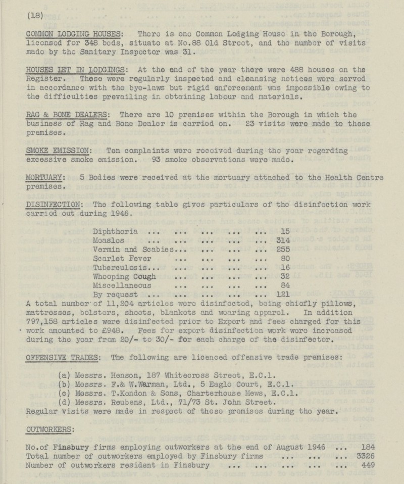 (18) COMMON LODGING HOUSES: There is one Common Lodging House in the Borough, licensed for 348 beds, situate at No. 88 Old Street, and the number of visits made by the Sanitary Inspector was 31. HOUSES LET IN LODGINGS: At the end of the year there were 488 houses on the Register. These were regularly inspected and cleansing notices were served in accordance with the bye-laws but rigid enforcement was impossible owing to the difficulties prevailing in obtaining labour and materials. RAG & BONE DEALERS: There are 10 premises within the Borough in which the business of Rag and Bone Dealer is carried on. 23 visits were made to these premises. SMOKE EMISSION: Ten complaints were received during the year regarding excessive smoke emission. 93 smoke observations were made. MORTUARY: 5 Bodies were received at the mortuary attached to the Health Centre premises. DISINFECTION: The following table gives particulars of the disinfection work carried out during 1946. Diphtheria 15 Measles 314 Vermin and Scabies 255 Scarlet Fever 80 Tuberculosis 16 Whooping Cough 32 Miscellaneous 84 By request 121 A total number of 11,204 articles were disinfected, being chiefly pillows, mattresses, bolsters, sheets, blankets and wearing apparel. In addition 797,158 articles were disinfected prior to Export and fees charged for this work amounted to £948. Fees for export disinfection work were increased during the year from 20/- to 30/- for each charge of the disinfector. OFFENSIVE TRADES: The following are licenced offensive trade premises: (a) Messrs. Henson, 187 Whitecross Street, E.C.I. (b) Messrs. F.& W.Warman, Ltd., 5 Eagle Court, E.C.I. (c) Messrs. T.Kendon & Sons, Charterhouse Mews, E.C.I. (d) Messrs. Reubens, Ltd., 71/73 St. John Street. Regular visits were made in respect of these premises during the year. OUTWORKERS: No. of Finsbury firms employing outworkers at the end of August 1946 184 Total number of outworkers employed by Finsbury firms 3326 Number of outworkers resident in Finsbury 449