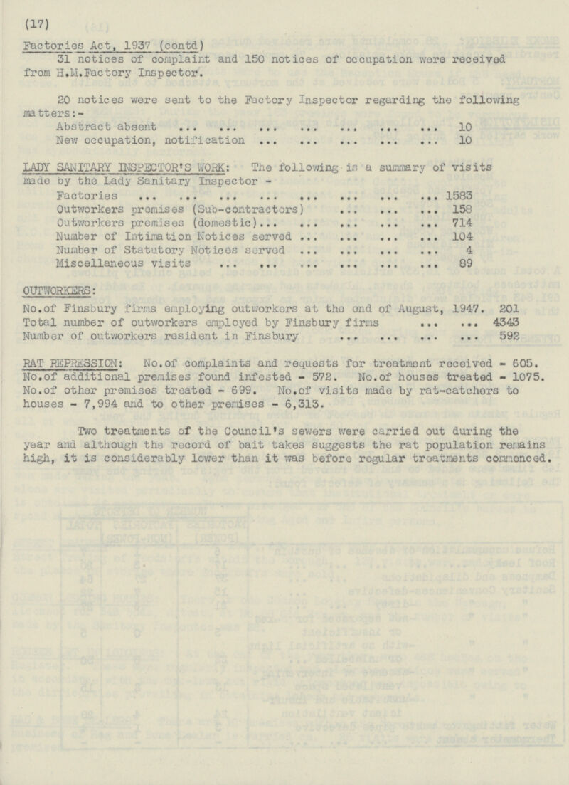 17 Factories Act, 1957 (contd) 31 notices of complaint and 150 notices of occupation were received from H.M.Factory Inspector. 20 notices were sent to the Factory Inspector regarding the following matters:- Abstract absent 10 New occupation, notification 10 LADY SANITARY INSPECTOR'S WORK: The following is a summary of visits made by the Lady Sanitary Inspector - Factories 1583 Outworkers promises (Sub-contractors) 158 Outworkers premises (domestic) 714 Number of Intimation Notices served 104 Number of Statutory Notices served 4 Miscellaneous visits 89 OUTWORKERS: No.of Finsbury firms employing outworkers at the end of August, 1947. 201 Total number of outworkers employed by Finsbury firms 4343 Number of outworkers rosident in Finsbury 592 RAT REPRESSION: No.of complaints and requests for treatment received - 605. No.of additional premises found infested - 572. No.of houses treated - 1075. No.of other premises treated - 699. No.of visits made by rat-catchers to houses - 7,994 and to other premises - 6,313. Two treatments of the Council's sewers were carried out during the year and although the record of bait takes suggests the rat population remains high, it is considerably lower than it was before regular treatments commenced.