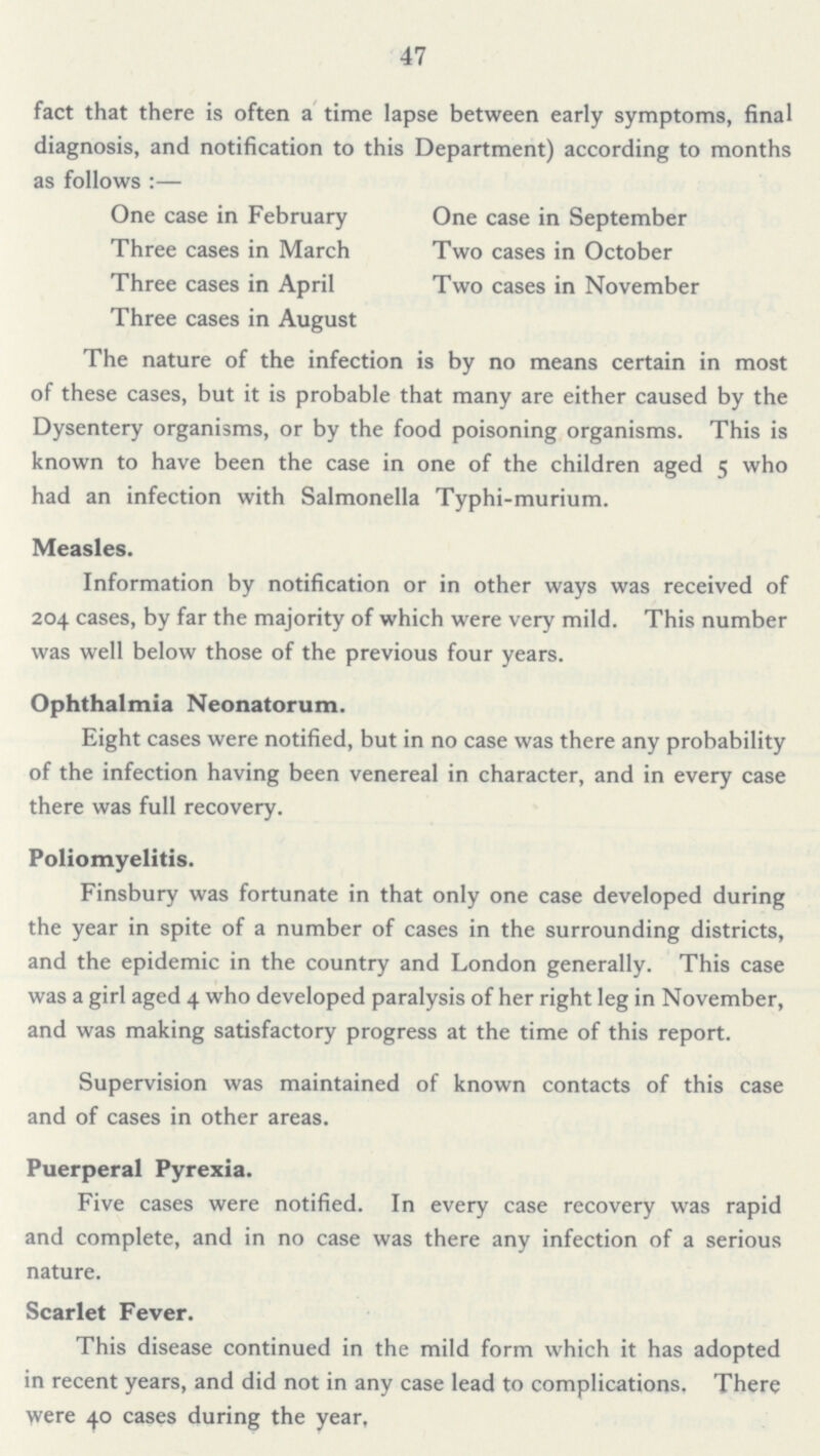 47 fact that there is often a time lapse between early symptoms, final diagnosis, and notification to this Department) according to months as follows:— One case in February One case in September Three cases in March Two cases in October Three cases in April Two cases in November Three cases in August The nature of the infection is by no means certain in most of these cases, but it is probable that many are either caused by the Dysentery organisms, or by the food poisoning organisms. This is known to have been the case in one of the children aged 5 who had an infection with Salmonella Typhi-murium. Measles. Information by notification or in other ways was received of 204 cases, by far the majority of which were very mild. This number was well below those of the previous four years. Ophthalmia Neonatorum. Eight cases were notified, but in no case was there any probability of the infection having been venereal in character, and in every case there was full recovery. Poliomyelitis. Finsbury was fortunate in that only one case developed during the year in spite of a number of cases in the surrounding districts, and the epidemic in the country and London generally. This case was a girl aged 4 who developed paralysis of her right leg in November, and was making satisfactory progress at the time of this report. Supervision was maintained of known contacts of this case and of cases in other areas. Puerperal Pyrexia. Five cases were notified. In every case recovery was rapid and complete, and in no case was there any infection of a serious nature. Scarlet Fever. This disease continued in the mild form which it has adopted in recent years, and did not in any case lead to complications. There were 40 cases during the year.