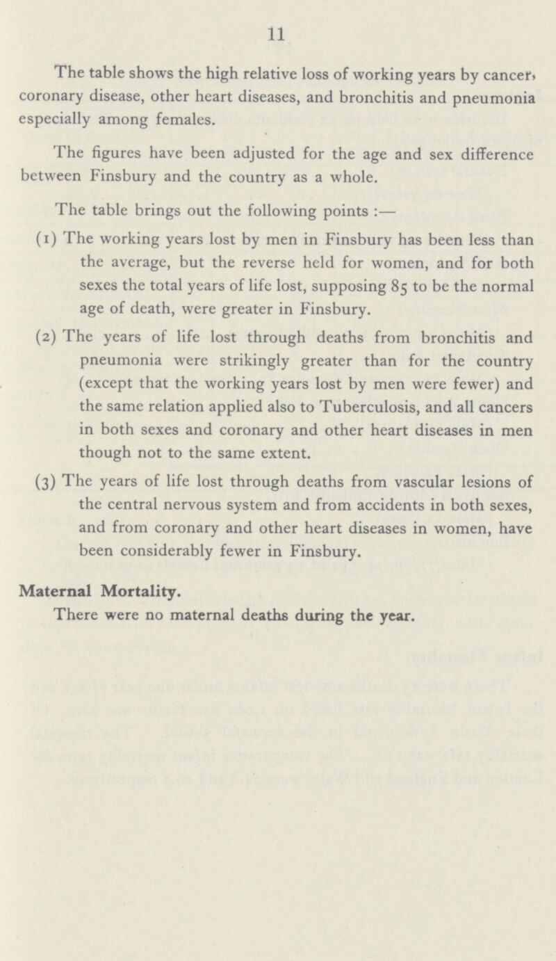 11 The table shows the high relative loss of working years by cancer, coronary disease, other heart diseases, and bronchitis and pneumonia especially among females. The figures have been adjusted for the age and sex difference between Finsbury and the country as a whole. The table brings out the following points:— (1) The working years lost by men in Finsbury has been less than the average, but the reverse held for women, and for both sexes the total years of life lost, supposing 85 to be the normal age of death, were greater in Finsbury. (2) The years of life lost through deaths from bronchitis and pneumonia were strikingly greater than for the country (except that the working years lost by men were fewer) and the same relation applied also to Tuberculosis, and all cancers in both sexes and coronary and other heart diseases in men though not to the same extent. (3) The years of life lost through deaths from vascular lesions of the central nervous system and from accidents in both sexes, and from coronary and other heart diseases in women, have been considerably fewer in Finsbury. Maternal Mortality. There were no maternal deaths during the year.