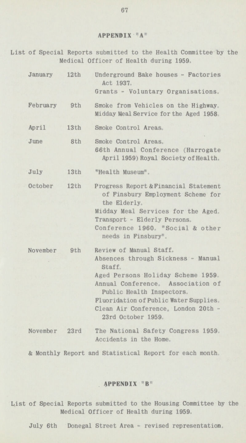 67 APPENDIX A List of Special Reports submitted to the Health Committee by the Medical Officer of Health during 1959. January 12th Underground Bake houses - Factories Act 1937. Grants - Voluntary Organisations, February 9th Smoke from Vehicles on the Highway Midday Meal Service for the Aged 1958 April 13th Smoke Control Areas. June 8th Smoke Control Areas. 66th Annual Conference (Harrogate April 1959) Royal Society of Health. July 13th Health Museum, October 12th Progress Report & Financial Statement of Finsbury Employment Scheme for the Elderly. Midday Meal Services for the Aged. Transport - Elderly Persons. Conference 1960. Social & other needs in Finsbury. November 9th Review of Manual Staff. Absences through Sickness - Manual Staff. Aged Persons Holiday Scheme 1959 Annual Conference. Association of Public Health Inspectors. Fluoridation of Public Water Supplies Clean Air Conference, London 20th 23rd October 1959. November 23rd The National Safety Congress 1959 Accidents in the Home. & Monthly Report and Statistical Report for each month APPENDIX B List of Special Reports submitted to the Housing Committee by the Medical Officer of Health during 1959, July 6th Donegal Street Area - revised representation.