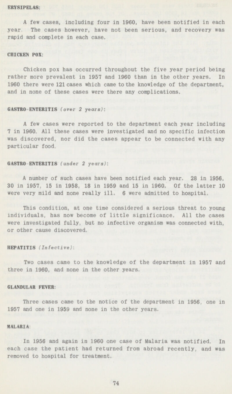ERYSIPELAS: A few cases, including four in 1960, have been notified in each year The cases however, have not been serious, and recovery was rapid and complete in each case. CHICKEN POX: Chicken pox has occurred throughout the five year period being rather more prevalent in 1957 and 1960 than in the other years. In 1960 there were 121 cases which came to the knowledge of the department, and in none of these cases were there any complications. GASTRO- ENTERITIS (over 2 years): A few cases were reported to the department each year including 7 in 1960 All these cases were investigated and no specific infection was discovered, nor did the cases appear to be connected with any particular food GASTRO- ENTERITIS (under 2 years): A number of such cases have been notified each year. 28 in 1956, 30 m 1957. 15 in 1958, 18 in 1959 and 15 in 1960, Of the latter 10 were very mild and none really ill. 6 were admitted to hospital. This condition, at one time considered a serious threat to young individuals has now become of little significance. All the cases were investigated fully, but no infective organism was connected with. or other cause discovered HEPATITIS (Infective): Two cases came to the knowledge of the department in 1957 and three in 1960, and none in the other years GLANDULAR FEVER Three cases came to the notice of the department in 1956, one in 1957 and one in 1959 and none in the other years. MALARIA In 1956 and again in 1960 one case of Malaria was notified. In each case the patient had returned from abroad recently and was removed to hospital for treatment. 74