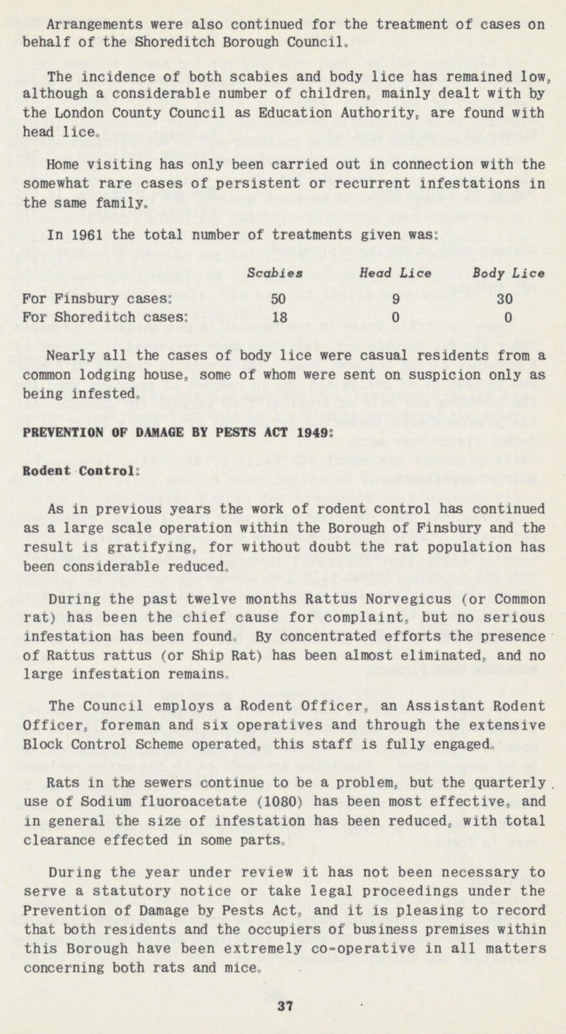 Arrangements were also continued for the treatment of cases on behalf of the Shoreditch Borough Council. The incidence of both scabies and body lice has remained low, although a considerable number of children, mainly dealt with by the London County Council as Education Authority, are found with head lice. Home visiting has only been carried out in connection with the somewhat rare cases of persistent or recurrent infestations in the same family. In 1961 the total number of treatments given was: For Pinsbury cases: Scabies Head Lice Body Lice 50 9 30 For Shoreditch cases: 18 0 0 Nearly all the cases of body lice were casual residents from a common lodging house, some of whom were sent on suspicion only as being infested. PREVENTION OF DAMAGE BY PESTS ACT 1949: Rodent Control: As in previous years the work of rodent control has continued as a large scale operation within the Borough of Pinsbury and the result is gratifying, for without doubt the rat population has been considerable reduced. During the past twelve months Rattus Norvegicus (or Common rat) has been the chief cause for complaint, but no serious infestation has been found. By concentrated efforts the presence of Rattus rattus (or Ship Rat) has been almost eliminated, and no large infestation remains. The Council employs a Rodent Officer, an Assistant Rodent Officer, foreman and six operatives and through the extensive Block Control Scheme operated, this staff is fully engaged. Rats in the sewers continue to be a problem, but the quarterly. use of Sodium fluoroacetate (1080) has been most effective, and in general the size of infestation has been reduced, with total clearance effected in some parts. During the year under review it has not been necessary to serve a statutory notice or take legal proceedings under the Prevention of Damage by Pests Act, and it is pleasing to record that both residents and the occupiers of business premises within this Borough have been extremely co-operative in all matters concerning both rats and mice. 37