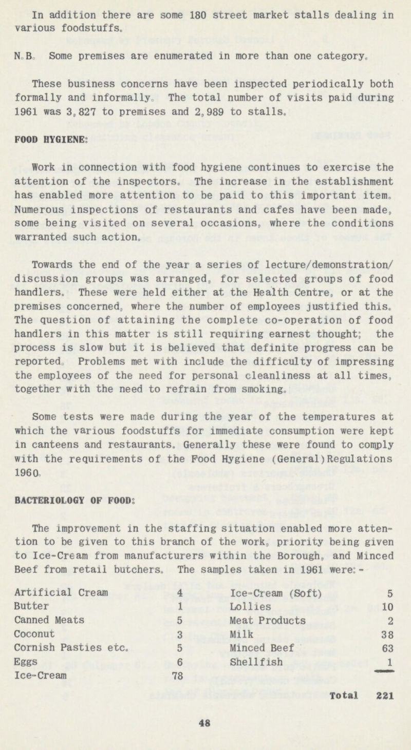 In addition there are some 180 street market stalls dealing in various foodstuffs. N.B Some premises are enumerated in more than one category. These business concerns have been inspected periodically both formally and informally. The total number of visits paid during 1961 was 3,827 to premises and 2,989 to stalls. FOOD HYGIENE: Work in connection with food hygiene continues to exercise the attention of the inspectors. The increase in the establishment has enabled more attention to be paid to this important item. Numerous inspections of restaurants and cafes have been made, some being visited on several occasions, where the conditions warranted such action. Towards the end of the year a series of lecture/demonstration/ discussion groups was arranged, for selected groups of food handlers. These were held either at the Health Centre, or at the premises concerned, where the number of employees justified this. The question of attaining the complete co-operation of food handlers in this matter is still requiring earnest thought; the process is slow but it is believed that definite progress can be reported. Problems met with include the difficulty of impressing the employees of the need for personal cleanliness at all times, together with the need to refrain from smoking. Some tests were made during the year of the temperatures at which the various foodstuffs for immediate consumption were kept in canteens and restaurants. Generally these were found to comply with the requirements of the Pood Hygiene (General) Regulations 1960. BACTERIOLOGY OF FOOD: The improvement in the staffing situation enabled more atten tion to be given to this branch of the work, priority being given to Ice-Cream from manufacturers within the Borough, and Minced Beef from retail butchers. The samples taken in 1961 were:- Artificial Cream 4 Butter 1 Canned Meats 5 Coconut 3 Cornish Pasties etc. 5 Eggs 6 Ice-Cream 78 Ice-Cream (Soft) 5 Lollies 10 Meat Products 2 Milk 38 Minced Beef 63 Shellfish 1 Total 221 48