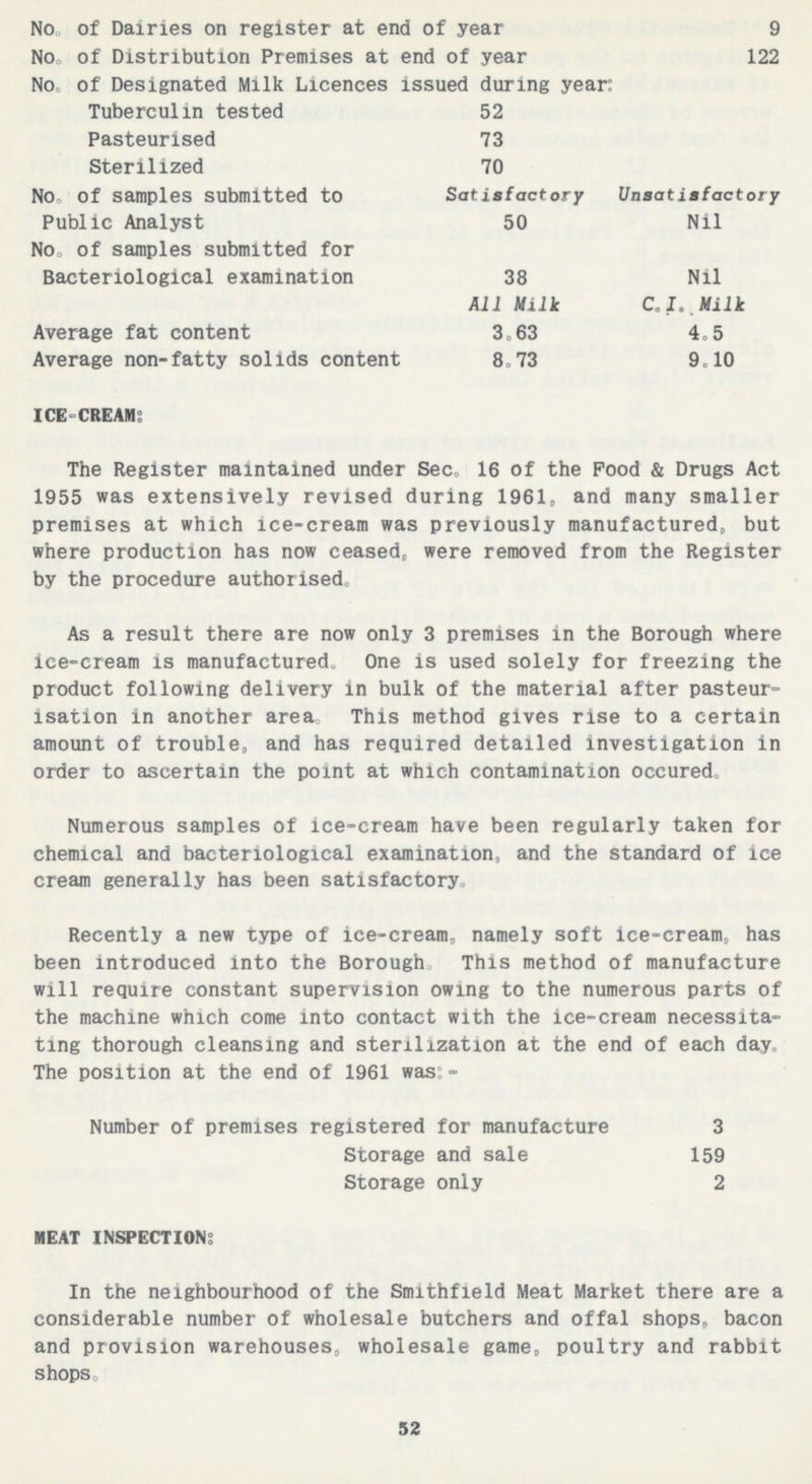 No. of Dairies on register at end of year 9 No. of Distribution Premises at end of year 122 No. of Designated Milk Licences issued during year: Tuberculin tested 52 Pasteurised 73 Sterilized 70 No. of samples submitted to Public Analyst NO. of samples submitted for Bacteriological examination Average fat content Average non-fatty solids content Satisfactory 50 38 All Milk 3.63 8.73 Unsatisfactory Nil Nil C.I. Milk 4.5 9.10 ice-cream: The Register maintained under Sec, 16 of the Food & Drugs Act 1955 was extensively revised during 1961, and many smaller premises at which ice-cream was previously manufactured, but where production has now ceased, were removed from the Register by the procedure authorised. As a result there are now only 3 premises in the Borough where ice-cream is manufactured. One is used solely for freezing the product following delivery in bulk of the material after pasteur isation in another area. This method gives rise to a certain amount of trouble, and has required detailed investigation in order to ascertain the point at which contamination occured. Numerous samples of ice-cream have been regularly taken for chemical and bacteriological examination, and the standard of ice cream generally has been satisfactory. Recently a new type of ice-cream, namely soft ice-cream, has been introduced into the Borough. This method of manufacture will require constant supervision owing to the numerous parts of the machine which come into contact with the ice-cream necessita ting thorough cleansing and sterilization at the end of each day. The position at the end of 1961 was:- Number of premises registered for manufacture 3 Storage and sale 159 Storage only 2 meat inspection: In the neighbourhood of the Smithfield Meat Market there are a considerable number of wholesale butchers and offal shops, bacon and provision warehouses, wholesale game, poultry and rabbit shops. 52