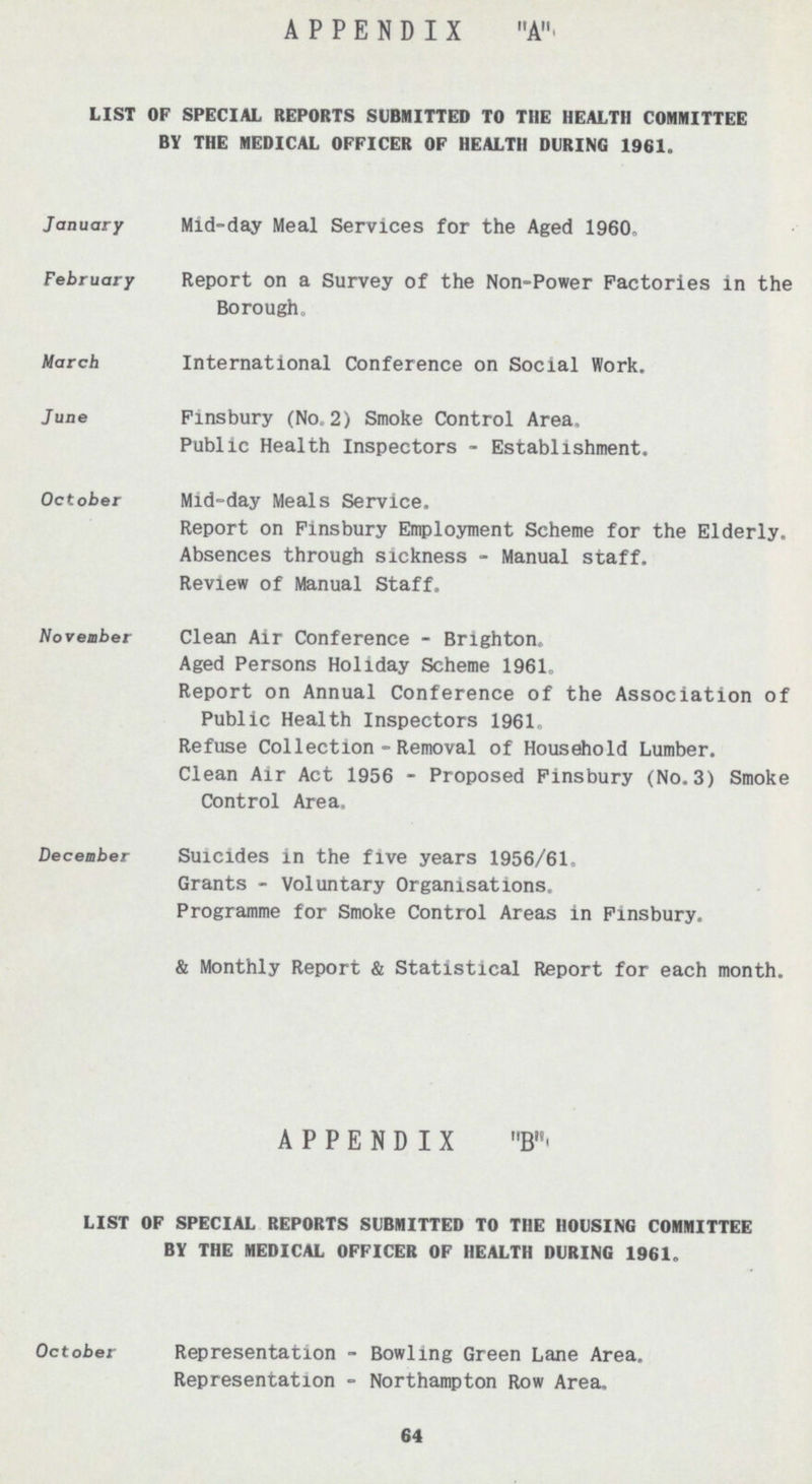 APPENDIX A LIST OF SPECIAL REPORTS SUBMITTED TO THE HEALTH COMMITTEE BY THE MEDICAL OFFICER OF HEALTH DURING 1961. January Mid-day Meal Services for the Aged 1960. February Report on a Survey of the Non-Power Factories in the Borough. March International Conference on Social Work. June Finsbury (No. 2) Smoke Control Area. Public Health Inspectors - Establishment. October Mid-day Meals Service. Report on Finsbury Employment Scheme for the Elderly. Absences through sickness - Manual staff. Review of Manual Staff. November Clean Air Conference - Brighton. Aged Persons Holiday Scheme 1961. Report on Annual Conference of the Association of Public Health Inspectors 1961. Refuse Collection - Removal of Household Lumber. Clean Air Act 1956 - Proposed Finsbury (No.3) Smoke Control Area. December Suicides in the five years 1956/61. Grants - Voluntary Organisations. Programme for Smoke Control Areas in Finsbury. & Monthly Report & Statistical Report for each month. APPENDIX B LIST OF SPECIAL REPORTS SUBMITTED TO THE HOUSING COMMITTEE BY THE MEDICAL OFFICER OF HEALTH DURING 1961. October Representation - Bowling Green Lane Area. Representation - Northampton Row Area. 64
