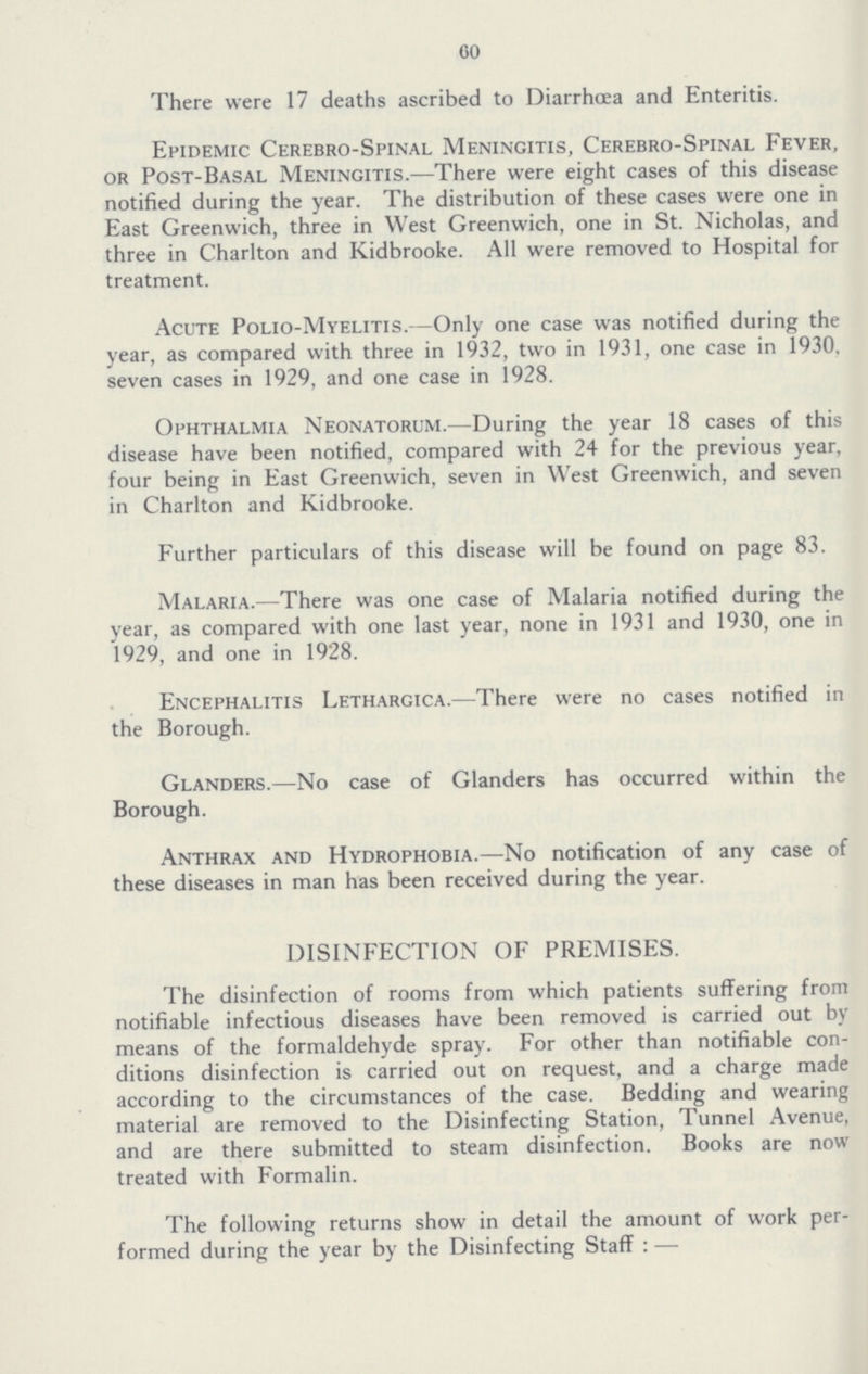 60 There were 17 deaths ascribed to Diarrhæa and Enteritis. Epidemic Cerebro-Spinal Meningitis, Cerebro-Spinal Fever, or Post-Basal Meningitis.—There were eight cases of this disease notified during the year. The distribution of these cases were one in East Greenwich, three in West Greenwich, one in St. Nicholas, and three in Charlton and Kidbrooke. All were removed to Hospital for treatment. Acute Polio-Myelitis.—Only one case was notified during the year, as compared with three in 1932, two in 1931, one case in 1930, seven cases in 1929, and one case in 1928. Ophthalmia Neonatorum.—During the year 18 cases of this disease have been notified, compared with 24 for the previous year, four being in East Greenwich, seven in West Greenwich, and seven in Charlton and Kidbrooke. Further particulars of this disease will be found on page 83. Malaria.—There was one case of Malaria notified during the year, as compared with one last year, none in 1931 and 1930, one in 1929, and one in 1928. Encephalitis Lethargica.—There were no cases notified in the Borough. Glanders.—No case of Glanders has occurred within the Borough. Anthrax and Hydrophobia.—No notification of any case of these diseases in man has been received during the year. DISINFECTION OF PREMISES. The disinfection of rooms from which patients suffering from notifiable infectious diseases have been removed is carried out by means of the formaldehyde spray. For other than notifiable conditions disinfection is carried out on request, and a charge made according to the circumstances of the case. Bedding and wearing material are removed to the Disinfecting Station, Tunnel Avenue, and are there submitted to steam disinfection. Books are now treated with Formalin. The following returns show in detail the amount of work performed during the year by the Disinfecting Staff :—