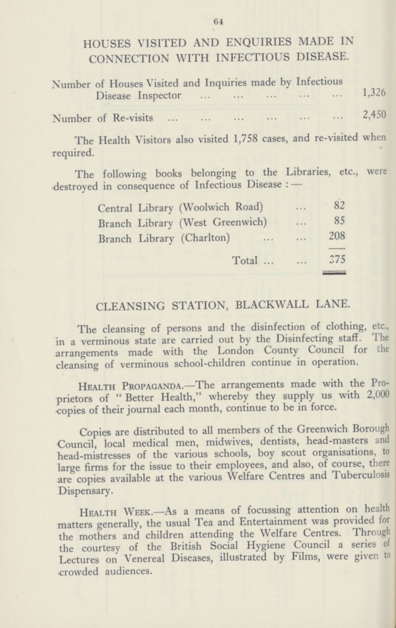 64 HOUSES VISITED AND ENQUIRIES MADE IN CONNECTION WITH INFECTIOUS DISEASE. Number of Houses Visited and Inquiries made by Infectious Disease Inspector 1,326 Number of Re-visits 2,450 The Health Visitors also visited 1,758 cases, and re-visited when required. The following books belonging to the Libraries, etc., were destroyed in consequence of Infectious Disease:— Central Library(Woolwich Road) 82 Branch Library(West Greenwich) 85 Branch Library(Charlton) 208 Total 275 CLEANSING STATION, BLACKWALL LANE. The cleansing of persons and the disinfection of clothing, etc., In a verminous state are carried out by the Disinfecting staff. The arrangements made with the London County Council for the cleansing of verminous school-children continue in operation. Health Propaganda.—The arrangements made with the Proprietors of Better Health, whereby they supply us with 2,000 copies of their journal each month, continue to be in force. Copies are distributed to all members of the Greenwich Borough Council, local medical men, midwives, dentists, head-masters and head-mistresses of the various schools, boy scout organisations, to large firms for the issue to their employees, and also, of course, there are copies available at the various Welfare Centres and Tuberculosis Dispensary. Health Week.—As a means of focussing attention on health matters generally, the usual Tea and Entertainment was provided for the mothers and children attending the Welfare Centres. Through the courtesy of the British Social Hygiene Council a series of Lectures on Venereal Diseases, illustrated by Films, were given to crowded audiences.