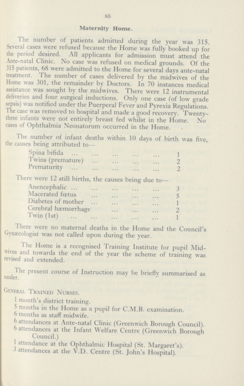 85 Maternity Home. The number of patients admitted during the year was 315. Several cases were refused because the Home was fully booked up for the period desired. All applicants for admission must attend the Ante-natal Clinic. No case was refused on medical grounds. Of the 315 patients, 68 were admitted to the Home for several days ante-natal treatment. The number of cases delivered by the midwives of the Home was 301, the remainder by Doctors. In 70 instances medical assistance was sought by the midwives. There were 12 instrumental deliveries and four surgical inductions. Only one case (of low grade sepsis) was notified under the Puerperal Fever and Pyrexia Regulations. The case was removed to hospital and made a good recovery. Twentythree infants were not entirely breast fed whilst in the Home. No cases of Ophthalmia Neonatorum occurred in the Home. The number of infant deaths within 10 days of birth was five, the causes being attributed to— Spina bifida 1 Twins (premature) 2 Prematurity 2 There were 12 still births, the causes being due to— Anencephalic 3 Macerated fœtus 5 Diabetes of mother 1 Cerebral hæmorrhage 2 Twin (1st) 1 There were no maternal deaths in the Home and the Council's Gynaecologist was not called upon during the year. The Home is a recognised Training Institute for pupil Midwives and towards the end of the year the scheme of training was revised and extended. The present course of Instruction may be briefly summarised as under. General Trained Nurses. 1 month's district training. 5 months in the Home as a pupil for C.M.B. examination. 6 months as staff midwife. 6 attendances at Ante-natal Clinic (Greenwich Borough Council). 6 attendances at the Infant Welfare Centre (Greenwich Borough Council.) 1 attendance at the Ophthalmic Hospital (St. Margaret's). 3 attendances at the V.D. Centre (St. John's Hospital).