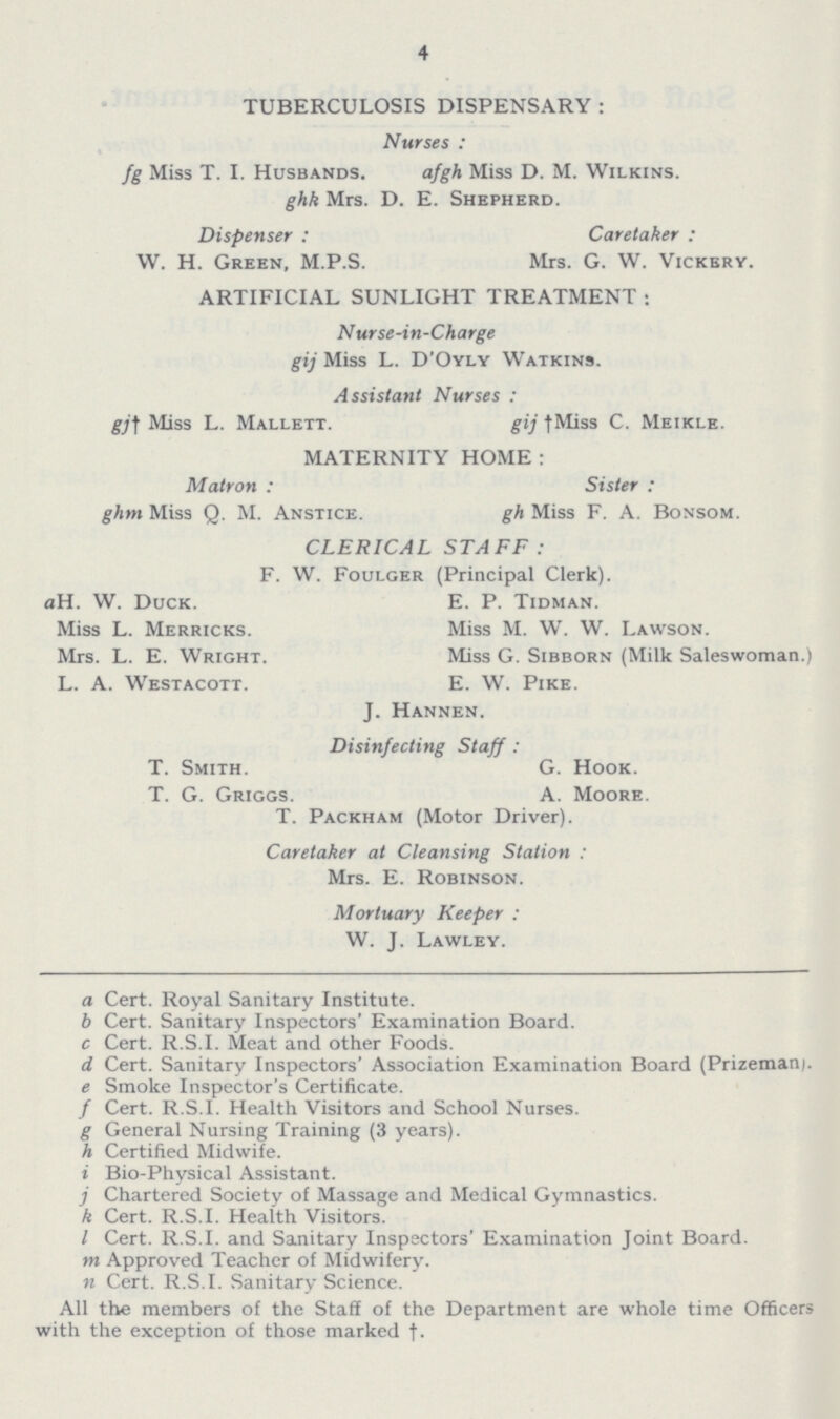 4 TUBERCULOSIS DISPENSARY : Nurses : fg Miss T. I. Husbands. afgh Miss D. M. Wilkins. ghk Mrs. D. E. Shepherd. Dispenser : Caretaker : W. H. Green, M.P.S. Mrs. G. W. Vickery. ARTIFICIAL SUNLIGHT TREATMENT : Nurse-in-Charge gij Miss L. D'Oyly Watkins. Assistant Nurses : gj†Miss L. Mallett. gij †Miss C. Meikle. MATERNITY HOME : Matron : Sister : ghm Miss Q. M. Anstice. gh Miss F. A. Bonsom. CLERICAL STAFF: F. W. Foulger (Principal Clerk). aH. W. Duck. E. P. Tidman. Miss L. Merricks. Miss M. W. W. Lawson. Mrs. L. E. Wright. Miss G. Sibborn (Milk Saleswoman.) L. A. Westacott. E. W. Pike. J. Hannen. Disinfecting Staff : T. Smith. G. Hook. T. G. Griggs. A. Moore. T. Packham (Motor Driver). Caretaker at Cleansing Station : Mrs. E. Robinson. Mortuary Keeper : W. J. Lawley. a Cert. Royal Sanitary Institute. b Cert. Sanitary Inspectors' Examination Board. c Cert. R.S.I. Meat and other Foods. d Cert. Sanitary Inspectors' Association Examination Board (Prizeman). e Smoke Inspector's Certificate. / Cert. R.S.I. Health Visitors and School Nurses. g General Nursing Training (3 years). h Certified Midwife. i Bio-Physical Assistant. j Chartered Society of Massage and Medical Gymnastics. k Cert. R.S.I. Health Visitors. I Cert. R.S.I, and Sanitary Inspectors' Examination Joint Board. m Approved Teacher of Midwifery. n Cert. R.S.I. Sanitary Science. All the members of the Staff of the Department are whole time Officers with the exception of those marked †.