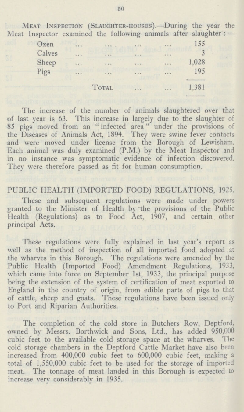 50 Meat Inspection (Slaughter-houses).—During the year the Meat Inspector examined the following animals after slaughter : — Oxen 155 Calves 3 Sheep 1,028 pigs 195 Total 1,381 The increase of the number of animals slaughtered over that of last year is 63. This increase in largely due to the slaughter of 85 pigs moved from an infected area under the provisions of the Diseases of Animals Act, 1894. They were swine fever contacts and were moved under license from the Borough of Lewisham. Each animal was duly examined (P.M.) by the Meat Inspector and in no instance was symptomatic evidence of infection discovered. They were therefore passed as fit for human consumption. PUBLIC HEALTH (IMPORTED FOOD) REGULATIONS, 1925. These and subsequent regulations were made under powers granted to the Minister of Health by the provisions of the Public Health (Regulations) as to Food Act, 1907, and certain other principal Acts. These regulations were fully explained in last year's report as well as the method of inspection of all imported food adopted at the wharves in this Borough. The regulations were amended by the Public Health (Imported Food) Amendment Regulations, 1933, which came into force on September 1st, 1933, the principal purpose being the extension of the system of certification of meat exported to England in the country of origin, from edible parts of pigs to that of cattle, sheep and goats. These regulations have been issued only to Port and Riparian Authorities. The completion of the cold store in Butchers Row, Deptford, owned by Messrs. Borthwick and Sons, Ltd., has added 950,000 cubic feet to the available cold storage space at the wharves. The cold storage chambers in the Deptford Cattle Market have also been increased from 400,000 cubic feet to 600,000 cubic feet, making a total of 1,550,000 cubic feet to be used for the storage of imported meat. The tonnage of meat landed in this Borough is expected to increase very considerably in 1935.