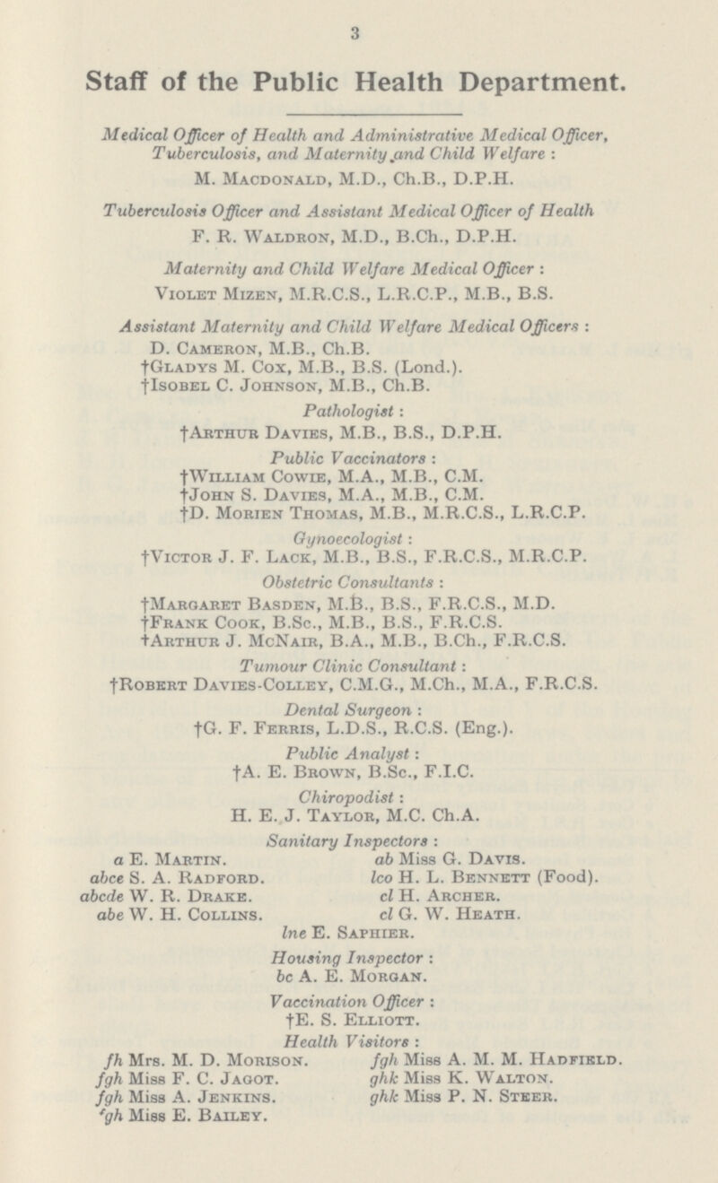 3 Staff of the Public Health Department. Medical Officer of Health and, Administrative Medical Officer, Tuberculosis, and Maternity,and Child Welfare: M. Macdonald, M.D., Ch.B., D.P.H. Tuberculosis Officer and Assistant Medical Officer of Health F. R. Waldron, M.D., B.Ch., D.P.H. Maternity and Child Welfare Medical Officer : Violet Mizen, M.R.C.S., L.R.C.P., M.B., B.S. Assistant Maternity and Child Welfare Medical Officers : D. Cameron, M.B., Ch.B. †Gladys M. Cox, M.B., B.S. (Lond.). †Isobel C. Johnson, M.B., Ch.B. Pathologist: †Arthur Davies, M.B., B.S., D.P.H. Public Vaccinators : †William Cowie, M.A., M.B., C.M. †John S. Davies, M.A., M.B., C.M. †D. Morien Thomas, M.B., M.R.C.S., L.R.C.P. Gynoecologist: †Victor J. F. Lack, M.B., B.S., F.R.C.S., M.R.C.P. Obstetric Consultants : †Margaret Basden, M.B., B.S., F.R.C.S., M.D. †Frank Cook, B.Sc., M.B., B.S., F.R.C.S. †Arthur J. McNair, B.A., M.B., B.Ch., F.R.C.S. Tumour Clinic Consultant: †Robert Davies-Colley, C.M.G., M.Ch., M.A., F.R.C.S. Dental Surgeon : †G. F. Ferris, L.D.S., R.C.S. (Eng.). Public Analyst: †A. E. Brown, B.Sc., F.I.C. Chiropodist : H. E. J. Taylor, M.C. Ch.A. Sanitary Inspectors : a E. Martin. abce S. A. Radford. abcde W. R. Drake. abe W. H. Collins. ab Miss G. Davis. Ico H. L. Bennett (Food). cl H. Archer. cl G. W. Heath. Ine E. Saphier. Housing Inspector: be A. E. Morgan. Vaccination Officer : †E. S. Elliott. Health Visitors : fh Mrs. M. D. Morison. fgh Miss F. C. Jagot. fgh Miss A. Jenkins. 'gh Miss E. Bailey. fgh Miss A. M. M. Hadfield. ghk Miss K. Walton. ghk Miss P. N. Steer.