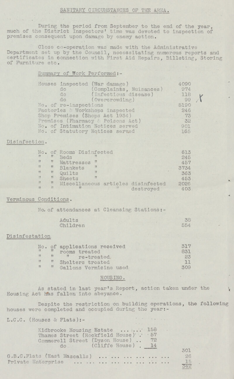 SANITARY CIRCUMSTANCES OF THE AREA. During the period from September to the end of the year, much of the District Inspectors' time was devoted to inspection of premises consequent upon damage by enemy action. Close co-operation was made with the Administrative Department set up by the Council, necessitating numerous reports and certificates in connection with First Aid Repairs, Billeting, Storing of Furniture etc. Summary of Work Performed:- Houses Inspected (War damage) 4090 do (Complaints, Nuisances) 974 do (Infectious disease) 118 do (Overcrowding ) 99 No. of re-inspections 5190 Factories Workshops inspected 246 Shop Premises (Shops Act 1934) 73 Premises (Pharmacy & Poisons Act) 32 No. of Intimation Notices served 901 No. of Statutory Notices served 165 Disinfection. No. of Rooms Disinfected 613   Beds  245  Mattresses  457   Blankets  3734   Quilts  363   Sheets  453   Miscellaneous articles disinfected 2026     destroyed 403 Verminous Conditions. No. of attendances at Cleansing Stations:- Adults 38 Children 554 Disinfestation. No. of applications received 317  rooms treated 831    re-treated. 23   Shelters treated 11   Gallons Vermicine used 309 HOUSING. As stated in last year's Report, action taken under the Housing Act has fallen into abeyance. Despite the restriction on building operations, the following houses were completed and occupied during the year:- L.C.C. (Houses & Flats):- 158 Kidbrooke Housing Estate 57 Thames Street (Rockfield House) Commerell Street (Dyson House) 72 do (Cliffe House) 14 301 G.B.C. Flats (East Mascalls) 26 Private Enterprise 15 342