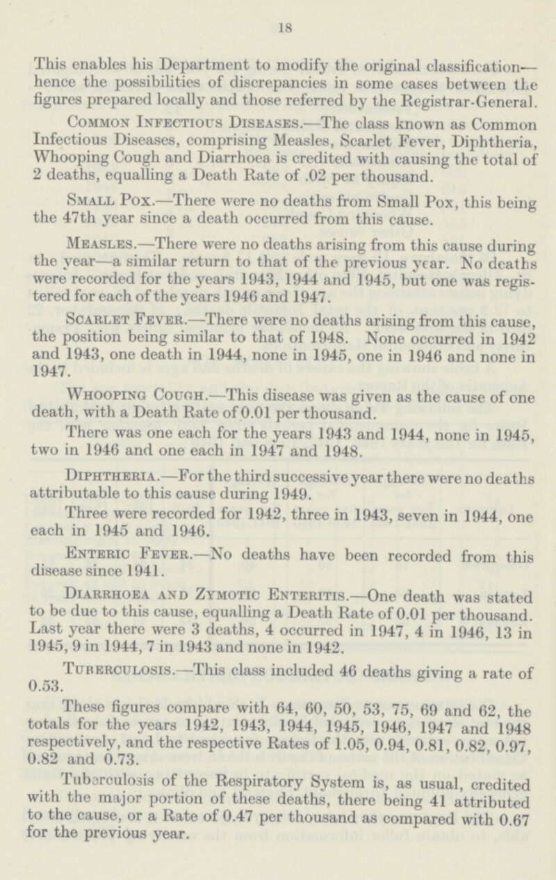 18 This enables his Department to modify the original classification— hence the possibilities of discrepancies in some cases between the figures prepared locally and those referred by the Registrar-General. Common Infectious Diseases.—The class known as Common Infectious Diseases, comprising Measles, Scarlet Fever, Diphtheria, Whooping Cough and Diarrhoea is credited with causing the total of 2 deaths, equalling a Death Rate of .02 per thousand. Small Pox.—There were no deaths from Small Pox, this being the 47th year since a death occurred from this cause. Measles.—There were no deaths arising from this cause during the year—a similar return to that of the previous year. No deaths were recorded for the years 1943, 1944 and 1945, but one was regis tered for each of the years 1946 and 1947. Scarlet Fever.—There were no deaths arising from this cause, the position being similar to that of 1948. None occurred in 1942 and 1943, one death in 1944, none in 1945, one in 1946 and none in 1947. Whooping Cough.—This disease was given as the cause of one death, with a Death Rate of 0.01 per thousand. There was one each for the years 1943 and 1944, none in 1945, two in 1946 and one each in 1947 and 1948. Diphtheria.—For the third successive year there were no deaths attributable to this cause during 1949. Three were recorded for 1942, three in 1943, seven in 1944, one each in 1945 and 1946. Enteric Fever.—No deaths have been recorded from this disease since 1941. Diarrhoea and Zymotic Enteritis.—One death was stated to be due to this cause, equalling a Death Rate of 0.01 per thousand. Last year there were 3 deaths, 4 occurred in 1947, 4 in 1946, 13 in 1945, 9 in 1944, 7 in 1943 and none in 1942. Tuberculosis.—This class included 46 deaths giving a rate of 0.53. These figures compare with 64, 60, 50, 53, 75, 69 and 62, the totals for the years 1942, 1943, 1944, 1945, 1946, 1947 and 1948 respectively, and the respective Rates of 1.05, 0.94, 0.81, 0.82, 0.97, 0.82 and 0.73. Tuberculo3is of the Respiratory System is, as usual, credited with the major portion of these deaths, there being 41 attributed to the cause, or a Rate of 0.47 per thousand as compared with 0.67 for the previous year.