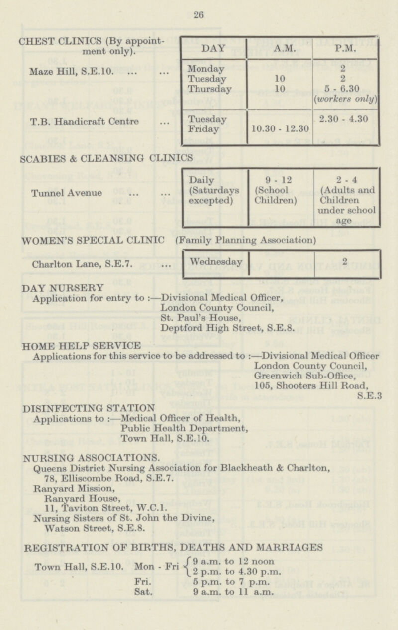 26 CHEST CLINICS (By appoint ment only). DAY A.M. P.M. Maze Hill, S.E.10 Monday 2 Tuesday 10 2 Thursday 10 5 6.30 (workers only) T.B. Handicraft Centre Tuesday 2.30 4.30 Friday 10.30 12.30 SCABIES & CLEANSING CLINICS Tunnel Avenue Daily (Saturdays excepted) 9 12 (School Children) 2 . 4 (Adults and Children under school age WOMEN'S SPECIAL CLINIC (Family Planning Association) Charlton Lane, S.E.7. Wednesday 2 DAY NURSERY Application for entry to :—Divisional Medical Officer, London County Council, St. Paul's House, Deptford High Street, S.E.8. HOME HELP SERVICE Applications for this service to be addressed to :—Divisional Medical Officer London County Council, Greenwich Sub-Office, 105, Shooters Hill Road, S.E.3 DISINFECTING STATION Applications to :—Medical Officer of Health, Public Health Department, Town Hall, S.E.10. NURSING ASSOCIATIONS. Queens District Nursing Association for Blackheath & Charlton, 78, Elliscombe Road, S.E.7. Ranyard Mission, Ranyard House, 11, Taviton Street, W.C.I. Nursing Sisters of St. John the Divine, Watson Street, S.E.8. REGISTRATION OF BIRTHS, DEATHS AND MARRIAGES {9 a.m. to 12 noon Town Hall, S.E.10. Mon Fn { 2 p.m. to 4.30 p.m. Fri. 5 p.m. to 7 p.m. Sat. 9 a.m. to 11 a.m.