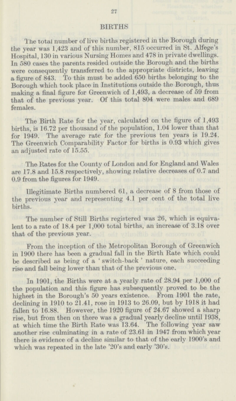 27 BIRTHS The total number of live births registered in the Borough during the year was 1,423 and of this number, 815 occurred in St. Alfege's Hospital, 130 in various Nursing Homes and 478 in private dwellings. In 580 cases the parents resided outside the Borough and the births were consequently transferred to the appropriate districts, leaving a figure of 843. To this must be added 650 births belonging to the Borough which took place in Institutions outside the Borough, thus making a final figure for Greenwich of 1,493, a decrease of 59 from that of the previous year. Of this total 804 were males and 689 females. The Birth Rate for the year, calculated on the figure of 1,493 births, is 16.72 per thousand of the population, 1.04 lower than that for 1949. The average rate for the previous ten years is 19.24. The Greenwich Comparability Factor for births is 0.93 which gives an adjusted rate of 15.55. The Rates for the County of London and for England and Wales are 17.8 and 15.8 respectively, showing relative decreases of 0.7 and 0.9 from the figures for 1949. Illegitimate Births numbered 61, a decrease of 8 from those of the previous year and representing 4.1 per cent of the total live births. The number of Still Births registered was 26, which is equiva lent to a rate of 18.4 per 1,000 total births, an increase of 3.18 over that of the previous year. From the inception of the Metropolitan Borough of Greenwich in 1900 there has been a gradual fall in the Birth Rate which could be described as being of a 'switch-back' nature, each succeeding rise and fall being lower than that of the previous one. In 1901, the Births were at a yearly rate of 28.94 per 1,000 of the population and this figure has subsequently proved to be the highest in the Borough's 50 years existence. From 1901 the rate, declining in 1910 to 21.41, rose in 1913 to 26.09, but by 1918 it had fallen to 16.88. However, the 1920 figure of 24.67 showed a sharp rise, but from then on there was a gradual yearly decline until 1938, at which time the Birth Rate was 13.64. The following year saw another rise culminating in a rate of 23.61 in 1947 from which year there is evidence of a decline similar to that of the early 1900's and which was repeated in the late '20's and early '30's.