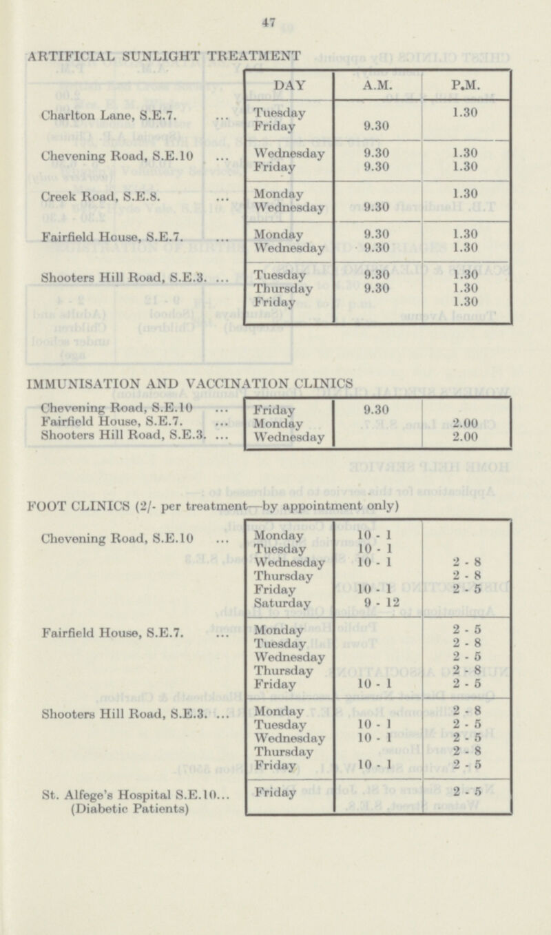 47 ARTIFICIAL SUNLIGHT TREATMENT DAY A.M. P.M. Charlton Lane, S.E.7. Tuesday 1.30 Friday 9.30 Chevening Road, S.E.10 Wednesday 9.30 1.30 Friday 9.30 1.30 Creek Road, S.E.8. Monday 1.30 Wednesday 9.30 Fairfield House, S.E.7. Monday 9.30 1.30 Wednesday 9.30 1.30 Shooters Hill Road, S.E.3. Tuesday 9.30 1.30 Thursday 9.30 1.30 Friday 1.30 IMMUNISATION AND VACCINATION CLINICS Chevening Road, S.E.10 Friday 9.30 Fairfield House, S.E.7. Monday 2.00 Shooters Hill Road, S.E.3. Wednesday 2.00 FOOT CLINICS (2/- per treatment—by appointment only) Chevening Road, S.E.10 Monday 10 - 1 Tuesday 10 - 1 Wednesday 10 - 1 2 - 8 Thursday 2 - 8 Friday 10 - 1 2 - 5 Saturday 9 - 12 Fairfield House, S.E.7. Monday 2 - 5 Tuesday 2 - 8 Wednesday 2 - 5 Thursday 2 - 8 Friday 10 - 1 2 - 5 Shooters Hill Road, S.E.3. Monday 2 - 8 Tuesday 10 - 1 2 - 5 Wednesday 10 - 1 2 - 5 Thursday 2 - 8 Friday 10 - 1 2 - 5 St. Alfege's Hospital S.E.10. (Diabetic Patients) Friday 2 - 5