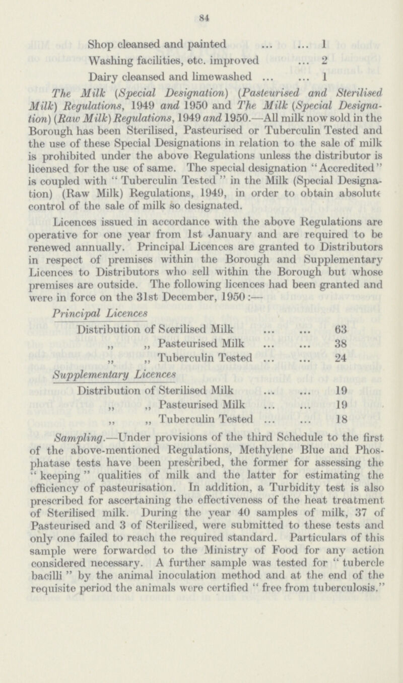 84 Shop cleansed and painted 1 Washing facilities, etc. improved 2 Dairv cleansed and limewashed 1 The. Milk (Special Designation) (Pasteurised and Sterilised. Milk) Regulations, 1949 and 1950 and The Milk (Special Designa tion) (Raw Milk) Regulations, 1949 and 1950.—All milk now sold in the Borough has been Sterilised, Pasteurised or Tuberculin Tested and the use of these Special Designations in relation to the sale of milk is prohibited under the above Regulations unless the distributor is licensed for the use of same. The special designation Accredited is coupled with Tuberculin Tested in the Milk (Special Designa tion) (Raw Milk) Regulations, 1949, in order to obtain absolute control of the sale of milk so designated. Licences issued in accordance with the above Regulations are operative for one year from 1st January and are required to be renewed annually. Principal Licences are granted to Distributors in respect of premises within the Borough and Supplementary Licences to Distributors who sell within the Borough but whose premises are outside. The following licences had been granted and were in force on the 31st December, 1950:— Principal Licences Distribution of Sterilised Milk 63 „ ,, Pasteurised Milk 38 ,, ,, Tuberculin Tested 24 Supplementary Licences Distribution of Sterilised Milk 19 ,, ,, Pasteurised Milk 19 „ ,, Tuberculin Tested 18 Sampling.—Under provisions of the third Schedule to the first of the above-mentioned Regulations, Methylene Blue and Phos phatase tests have been prescribed, the former for assessing the keeping qualities of milk and the latter for estimating the efficiency of pasteurisation. In addition, a Turbidity test is also prescribed for ascertaining the effectiveness of the heat treatment of Sterilised milk. During the year 40 samples of milk, 37 of Pasteurised and 3 of Sterilised, were submitted to these tests and only one failed to reach the required standard. Particulars of this sample were forwarded to the Ministry of Food for any action considered necessary. A further sample was tested for tubercle bacilli by the animal inoculation method and at the end of the requisite period the animals wcro certified  free from tuberculosis.