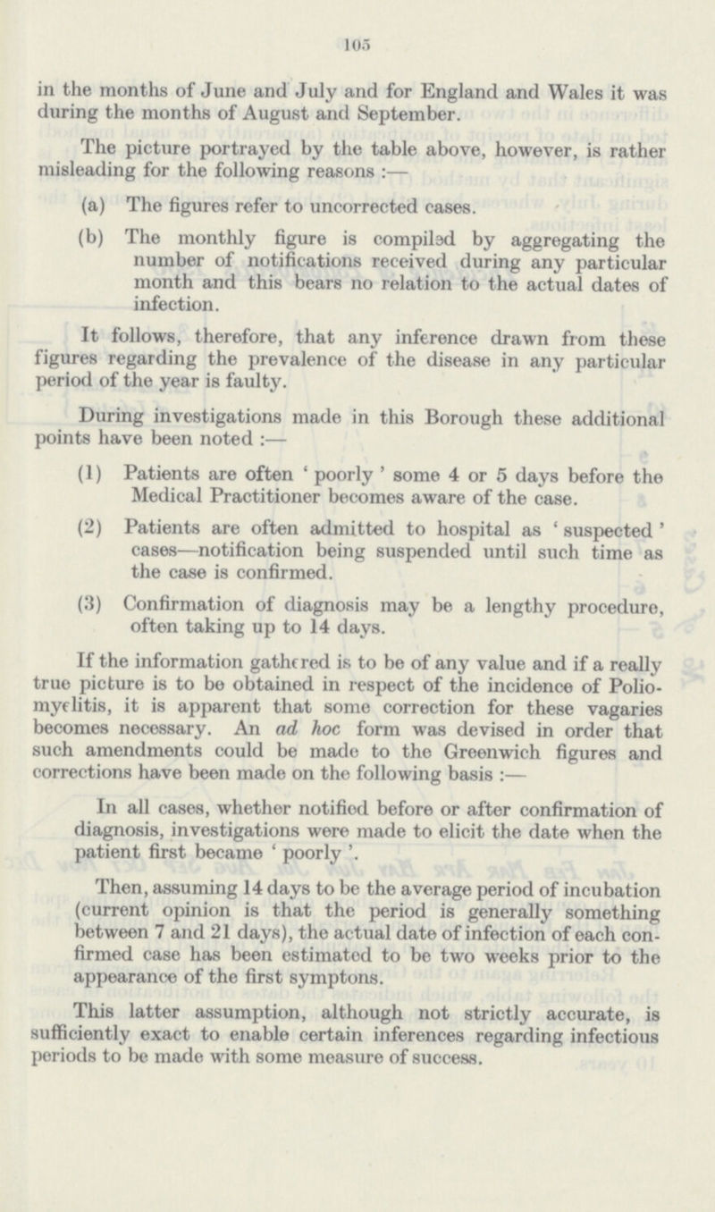 105 in the months of June and July and for England and Wales it was during the months of August and September. The picture portrayed by the table above, however, is rather misleading for the following reasons :— (a) The figures refer to uncorrected cases. (b) The monthly figure is compiled by aggregating the number of notifications received during any particular month and this bears no relation to the actual dates of infection. It follows, therefore, that any inference drawn from these figures regarding the prevalence of the disease in any particular period of the year is faulty. During investigations made in this Borough these additional points have been noted :— (1) Patients are often ' poorly ' some 4 or 5 days before the Medical Practitioner becomes aware of the case. (2) Patients are often admitted to hospital as ' suspected ' cases—notification being suspended until such time as the case is confirmed. (3) Confirmation of diagnosis may be a lengthy procedure, often taking up to 14 days. If the information gathered is to be of any value and if a really true picture is to be obtained in respect of the incidence of Polio myelitis, it is apparent that some correction for these vagaries becomes necessary. An ad hoc form was devised in order that such amendments could be made to the Greenwich figures and corrections have been made on the following basis :— In all cases, whether notified before or after confirmation of diagnosis, investigations were made to elicit the date when the patient first became ' poorly Then, assuming 14 days to be the average period of incubation (current opinion is that the period is generally something between 7 and 21 days), tho actual date of infection of each con firmed case has been estimated to be two weeks prior to the appearance of the first symptons. This latter assumption, although not strictly accurate, is sufficiently exact to enable certain inferences regarding infectious periods to be made with some measure of success.