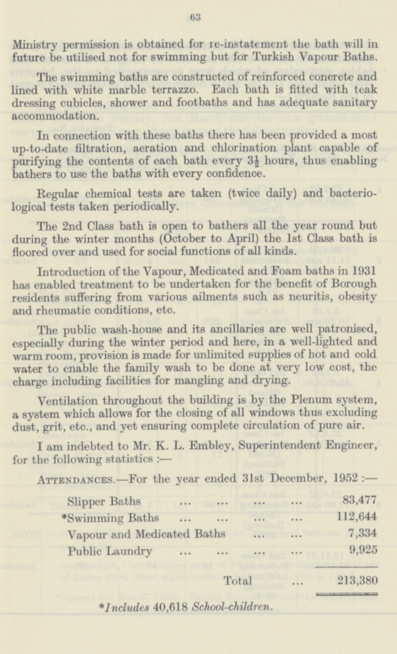 63 Ministry permission is obtained for re-instatement the bath will in future be utilised not for swimming but for Turkish Vapour Baths. The swimming baths are constructed of reinforced concrete and lined with white marble terrazzo. Each bath is fitted with teak dressing cubicles, shower and footbaths and has adequate sanitary accommodation. In connection with these baths there has been provided a most up-to-date filtration, aeration and chlorination plant capable of purifying the contents of each bath every 3£ hours, thus enabling bathers to use the baths with every confidence. Regular chemical tests are taken (twice daily) and bacterio logical tests taken periodically. The 2nd Class bath is open to bathers all the year round but during the winter months (October to April) the 1st Class bath is floored over and used for social functions of all kinds. Introduction of the Vapour, Medicated and Foam baths in 1931 has enabled treatment to be undertaken for the benefit of Borough residents suffering from various ailments such as neuritis, obesity and rheumatic conditions, etc. The public wash-house and its ancillaries are well patronised, especially during the winter period and here, in a well-lighted and warm room, provision is made for unlimited supplies of hot and cold water to enable the family wash to be done at very low cost, the charge including facilities for mangling and drying. Ventilation throughout the building is by the Plenum system, a system which allows for the closing of all windows thus excluding dust, grit, etc., and yet ensuring complete circulation of pure air. I am indebted to Mr. K. L. Embley, Superintendent Engineer, for the following statistics :— Attendances.—For the year ended 31st December, 1952:— Slipper Baths 83,477 *Swimming Baths 112,644 Vapour and Medicated Baths 7,334 Public Laundry 9,925 Total 213,380 *Includes 40,618 School-children.