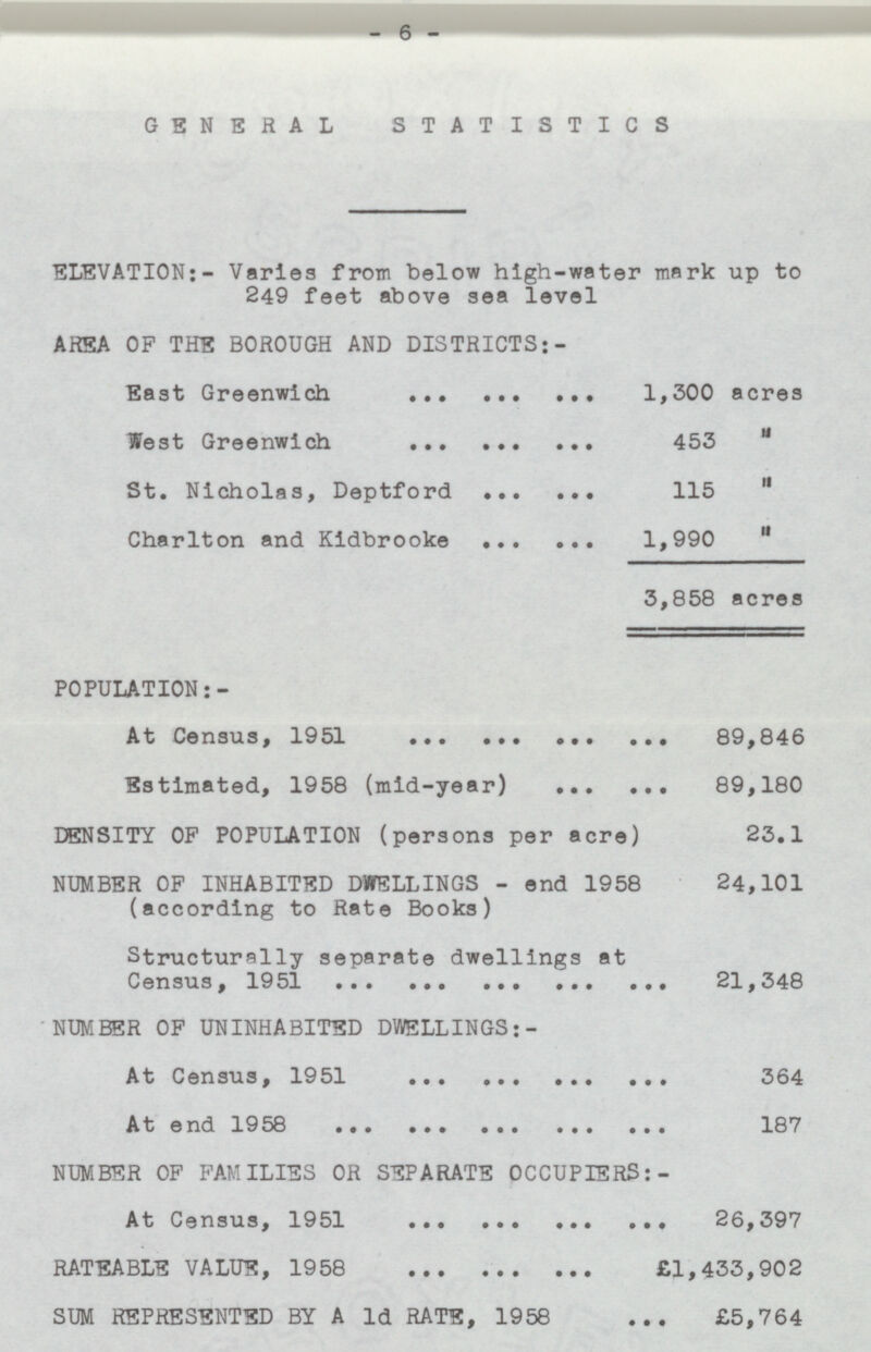 19 GENERAL STATISTICS ELEVATION:- Varies from below high-water mark up to 249 feet above sea level AREA OF THE BOROUGH AND DISTRICTS:- East Greenwich 1,300 acres West Greenwich 453 St. Nicholas, Deptford 115  Charlton and Kidbrooke 1,990  3,858 acres POPULATION:- At Census, 1951 ... ... ... .. 89,846 Estimated, 1958 (mid-year) 89,180 DENSITY OF POPULATION (persons per acre) 23.1 NUMBER OF INHABITED DWELLINGS - end 1958 24,101 (according to Rate Books) Structurally separate dwellings at Census, 1951 ... 21,348 NUMBER OF UNINHABITED DWELLINGS:- At Census, 1951 364 At end 1958 187 NUMBER OF FAMILIES OR SEPARATE OCCUPIERS: - At Census, 1951 ... 26,397 RATEABLE VALUE, 1958 £1,433,902 SUM REPRESENTED BY A Id RATE, 1958 ... £5,764