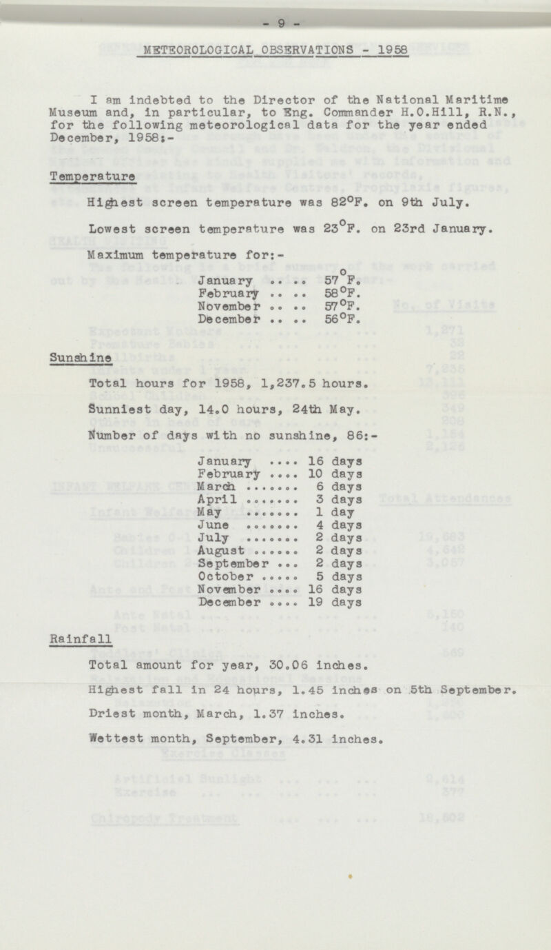 - 9 - MSTEOROLOGICAL OBSgRVATIONS - 1958 I am indebted to the Director of the National Maritime Museum and, in particular, to Eng. Commander H.O.Hill, R.N., for the following meteorological data for the year ended December, 1958;- Temperature Highest screen temperature was 82° F. on 9th July. Lowest screen temperature was 23° F. on 23rd January. Maximum temperature for:- January .... 57 F. February .. .. 58° F. November .. .. 57° F. December .. .. 56° F. Sunshine Total hours for 1958, 1,237.5 hours. Sunniest day, 14.0 hours, 24th May. Number of days with no sunshine, 86:- January .... 16 days February .... 10 days March 6 days April 3 days May 1 day June ....... 4 days July 2 days August ...... 2 days September ... 2 days October 5 days November .... 16 days December .... 19 days Rainfall Total amount for year, 30.06 inches. Higiest fall in 24 hours, 1.45 inches on 5th September. Driest month, March, 1.37 inches. Wettest month, September, 4.31 inches.