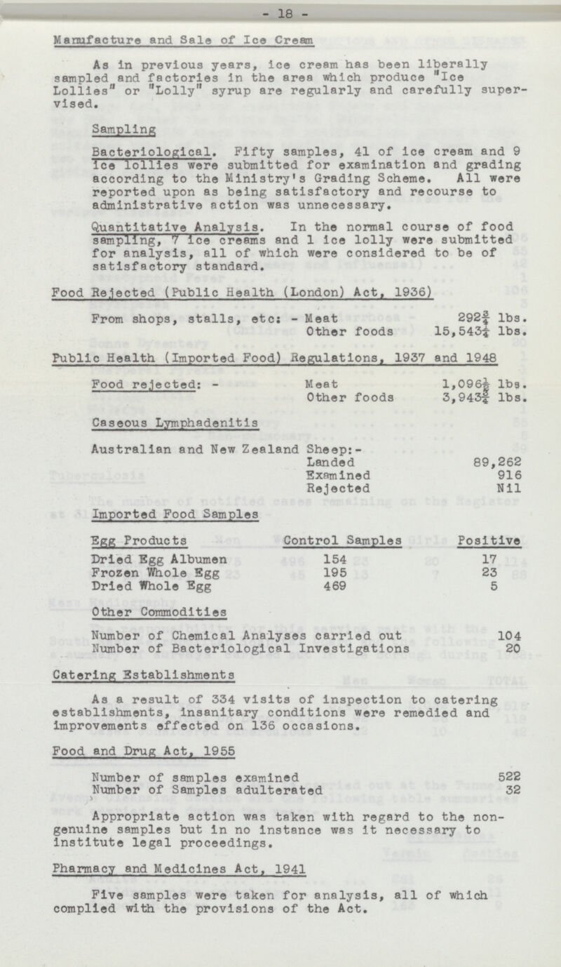 - 18 - Manufacture and Sale of Ice Cream As in previous years, ice cream has been liberally sampled and factories in the area which produce Ice Lollies or Lolly syrup are regularly and carefully super vised. Sampling Bacteriological. Fifty samples, 41 of ice cream and 9 ice lollies were submitted for examination and grading according to the Ministry's Grading Scheme. All were reported upon as being satisfactory and recourse to administrative action was unnecessary. Quantitative Analysis. In the normal course of food sampling, 7 Ice creams and 1 ice lolly were submitted for analysis, all of which were considered to be of satisfactory standard. Food Rejected (Public Health (London) Act, 1936) From shops, stalls, etc: - Meat 292 3\4 lbs. Other foods 15,543 1\4 lbs. Public Health (Imported Food) Regulatlons, 1937 and 1948 Food rejected: - Meat 1,096 1\2 lbs. Other foods 3,943 3\4 lbs. Caseous Lymphadenitis Australian and Now Zealand Sheep:- 89,262 Landed Examined 916 Rejected Nil Imported Food Samples Egg Products Control Samples Positive Dried Egg Albumen 154 17 Frozen Whole Egg 195 23 Dried Whole Egg 469 5 Other Commodities Number of Chemical Analyses carried out 104 Number of Bacteriological Investigations 20 Catering Establishments As a result of 334 visits of inspection to catering establishments, insanitary conditions were remedied and improvements effected on 136 occasions. Food and Drug Act, 1955 Number of samples examined 522 Number of Samples adulterated 32 Appropriate action was taken with regard to the non genuine samples but in no instance was it necessary to institute legal proceedings. Pharmacy and Medicines Act, 1941 Five samples wore taken for analysis, all of which complied with the provisions of the Act.