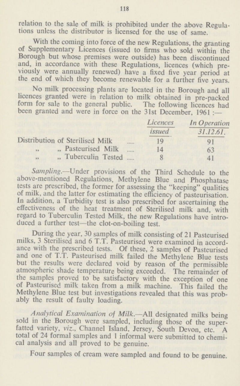 118 relation to the sale of milk is prohibited under the above Regula tions unless the distributor is licensed for the use of same. With the coming into force of the new Regulations, the granting of Supplementary Licences (issued to firms who sold within the Borough but whose premises were outside) has been discontinued and, in accordance with these Regulations, licences (which pre viously were annually renewed) have a fixed five year period at the end of which they become renewable for a further five years. No milk processing plants are located in the Borough and all licences granted were in relation to milk obtained in pre-packed form for sale to the general public. The following licences had been granted and were in force on the 31st December, 1961 :— Licences In Operation issued 31.12.61. Distribution of Sterilised Milk 19 91 Pasteurised Milk 14 63 Tuberculin Tested 8 41 Sampling.—Under provisions of the Third Schedule to the above-mentioned Regulations, Methylene Blue and Phosphatase tests are prescribed, the former for assessing the keeping qualities of milk, and the latter for estimating the efficiency of pasteurisation. In addition, a Turbidity test is also prescribed for ascertaining the effectiveness of the heat treatment of Sterilised milk and, with regard to Tuberculin Tested Milk, the new Regulations have intro duced a further test—the clot-on-boiling test. During the year, 30 samples of milk consisting of 21 Pasteurised milks, 3 Sterilised and 6 T.T. Pasteurised were examined in accord ance with the prescribed tests. Of these, 2 samples of Pasteurised and one of T.T. Pasteurised milk failed the Methylene Blue tests but the results were declared void by reason of the permissible atmospheric shade temperature being exceeded. The remainder of the samples proved to be satisfactory with the exception of one of Pasteurised milk taken from a milk machine. This failed the Methylene Blue test but investigations revealed that this was prob ably the result of faulty loading. Analytical Examination of Milk.—All designated milks being sold in the Borough were sampled, including those of the super fatted variety, viz., Channel Island, Jersey, South Devon, etc. A total of 24 formal samples and 1 informal were submitted to chemi cal analysis and all proved to be genuine. Four samples of cream were sampled and found to be genuine.