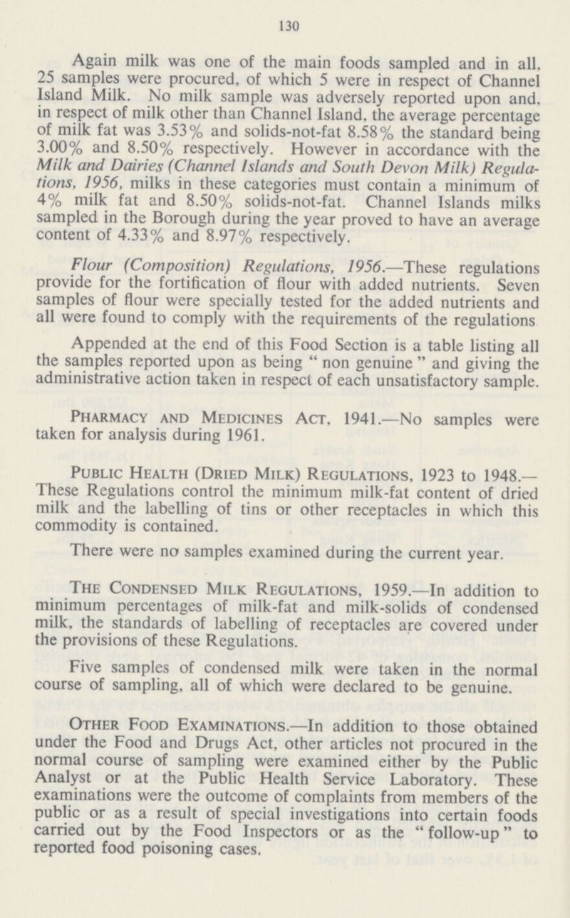 130 Again milk was one of the main foods sampled and in all, 25 samples were procured, of which 5 were in respect of Channel Island Milk. No milk sample was adversely reported upon and, in respect of milk other than Channel Island, the average percentage of milk fat was 3.53% and solids-not-fat 8.58% the standard being 3.00% and 8.50% respectively. However in accordance with the Milk and Dairies (Channel Islands and South Devon Milk) Regula tions, 1956, milks in these categories must contain a minimum of 4% milk fat and 8.50% solids-not-fat. Channel Islands milks sampled in the Borough during the year proved to have an average content of 4.33% and 8.97% respectively. Flour (Composition) Regulations, 1956.—These regulations provide for the fortification of flour with added nutrients. Seven samples of flour were specially tested for the added nutrients and all were found to comply with the requirements of the regulations Appended at the end of this Food Section is a table listing all the samples reported upon as being  non genuine  and giving the administrative action taken in respect of each unsatisfactory sample. Pharmacy and Medicines Act, 1941.—No samples were taken for analysis during 1961. Public Health (Dried Milk) Regulations, 1923 to 1948.— These Regulations control the minimum milk-fat content of dried milk and the labelling of tins or other receptacles in which this commodity is contained. There were no samples examined during the current year. The Condensed Milk Regulations, 1959.—In addition to minimum percentages of milk-fat and milk-solids of condensed milk, the standards of labelling of receptacles are covered under the provisions of these Regulations. Five samples of condensed milk were taken in the normal course of sampling, all of which were declared to be genuine. Other Food Examinations.—In addition to those obtained under the Food and Drugs Act, other articles not procured in the normal course of sampling were examined either by the Public Analyst or at the Public Health Service Laboratory. These examinations were the outcome of complaints from members of the public or as a result of special investigations into certain foods carried out by the Food Inspectors or as the follow-up to reported food poisoning cases,