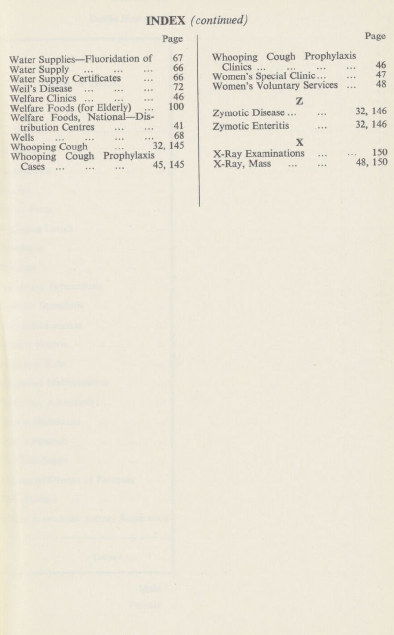 INDEX (continued) Page Water Supplies—Fluoridation of 67 Water Supply 66 Water Supply Certificates 66 Weil's Disease 72 Welfare Clinics 46 Welfare Foods (for Elderly) 100 Welfare Foods, National—Dis tribution Centres 41 Wells 68 Whooping Cough 32, 145 Whooping Cough Prophylaxis Cases 45, 145 Page Whooping Cough Prophylaxis Clinics 46 Women's Special Clinic 47 Women's Voluntary Services 48 Z Zymotic Disease 32, 146 Zymotic Enteritis 32,146 X X-Ray Examinations 150 X-Ray, Mass 48, 150